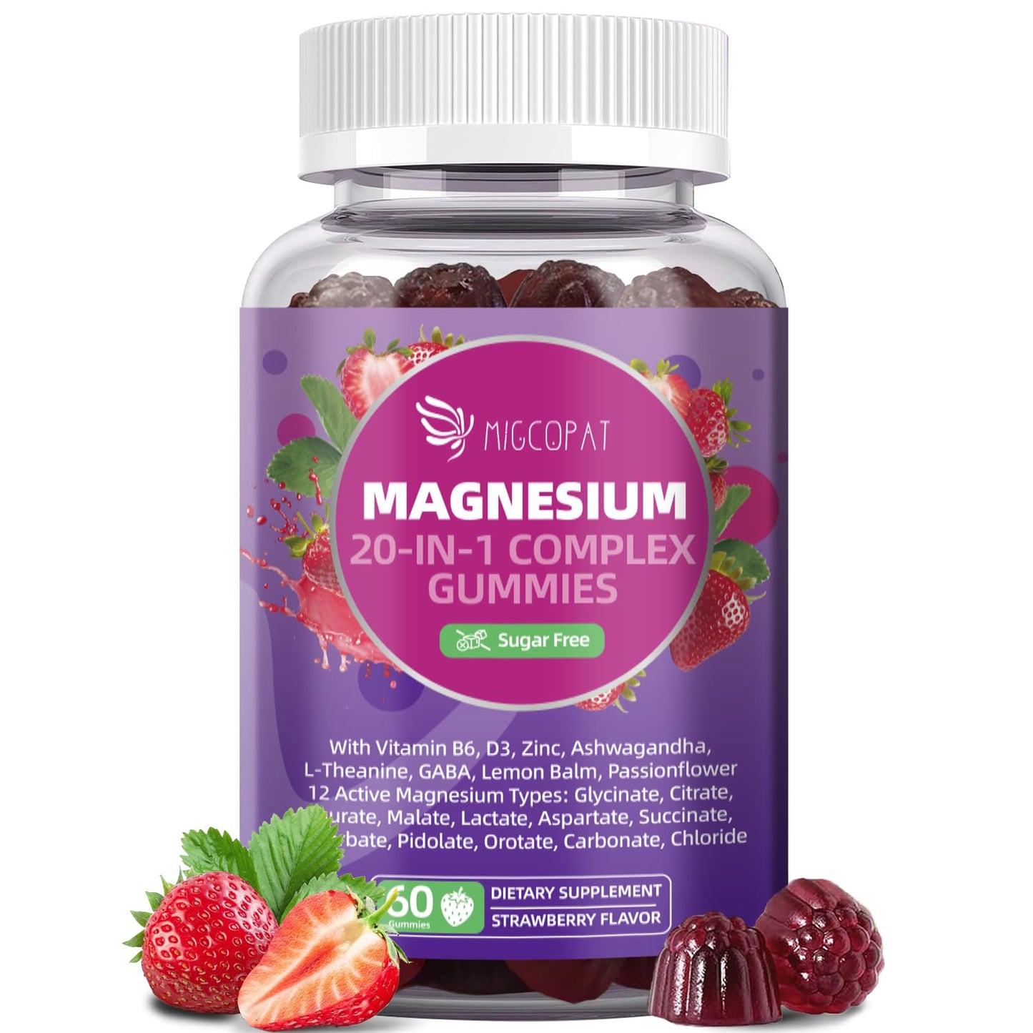 Migcopat Magnesium Complex Gummies, 20 in 1 Magnesium Gummy with Glycinate Citrate Malate Taurate - Ashwagandha, L-Theanine, D3&Zinc for Relaxation,