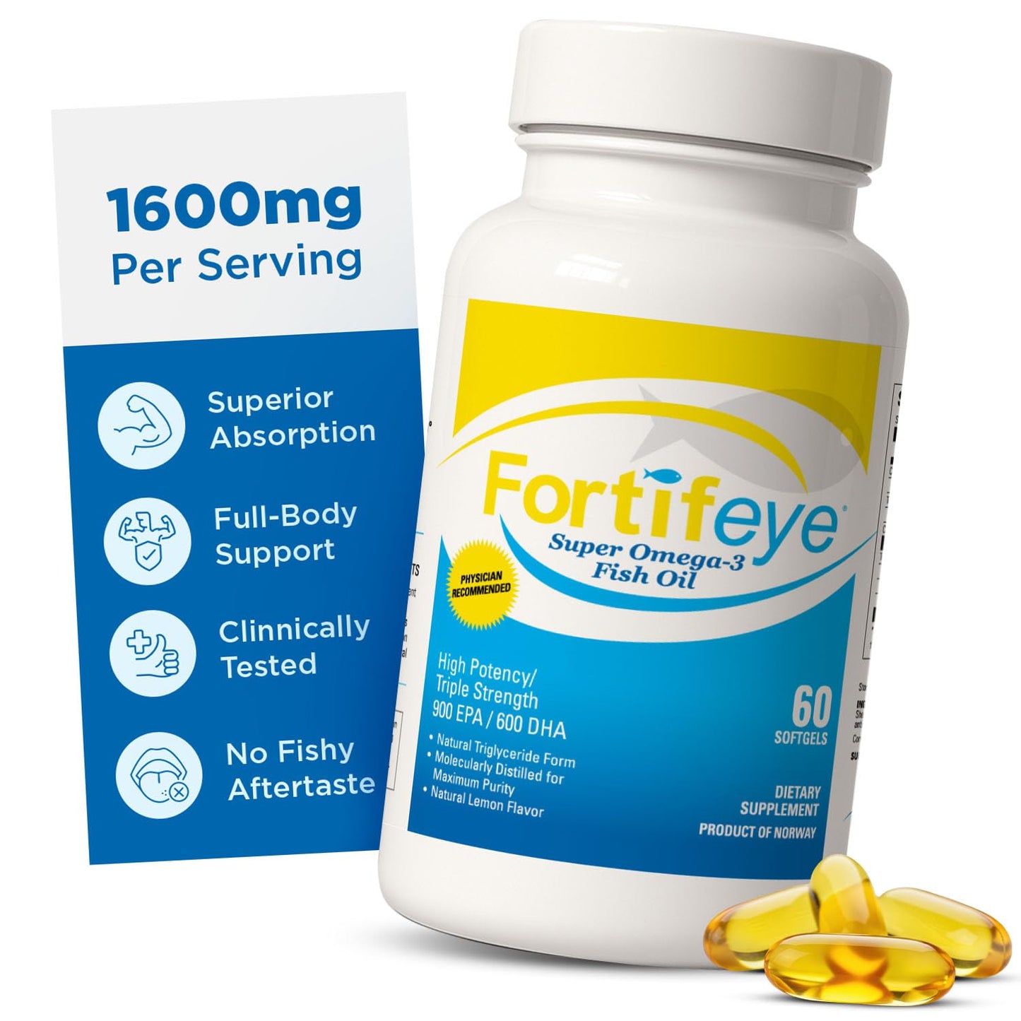Omega 3 Fish Oil 60Count 1600 mg Made in Norway - High Potency Fish Oil Omega 3 Supplements Triglyceride Form with EPA and DHA Supplements for Women and Men No Fishy After Taste Natural Lemon Flavor Fortifeye VitaminsBuy Supplements Australia