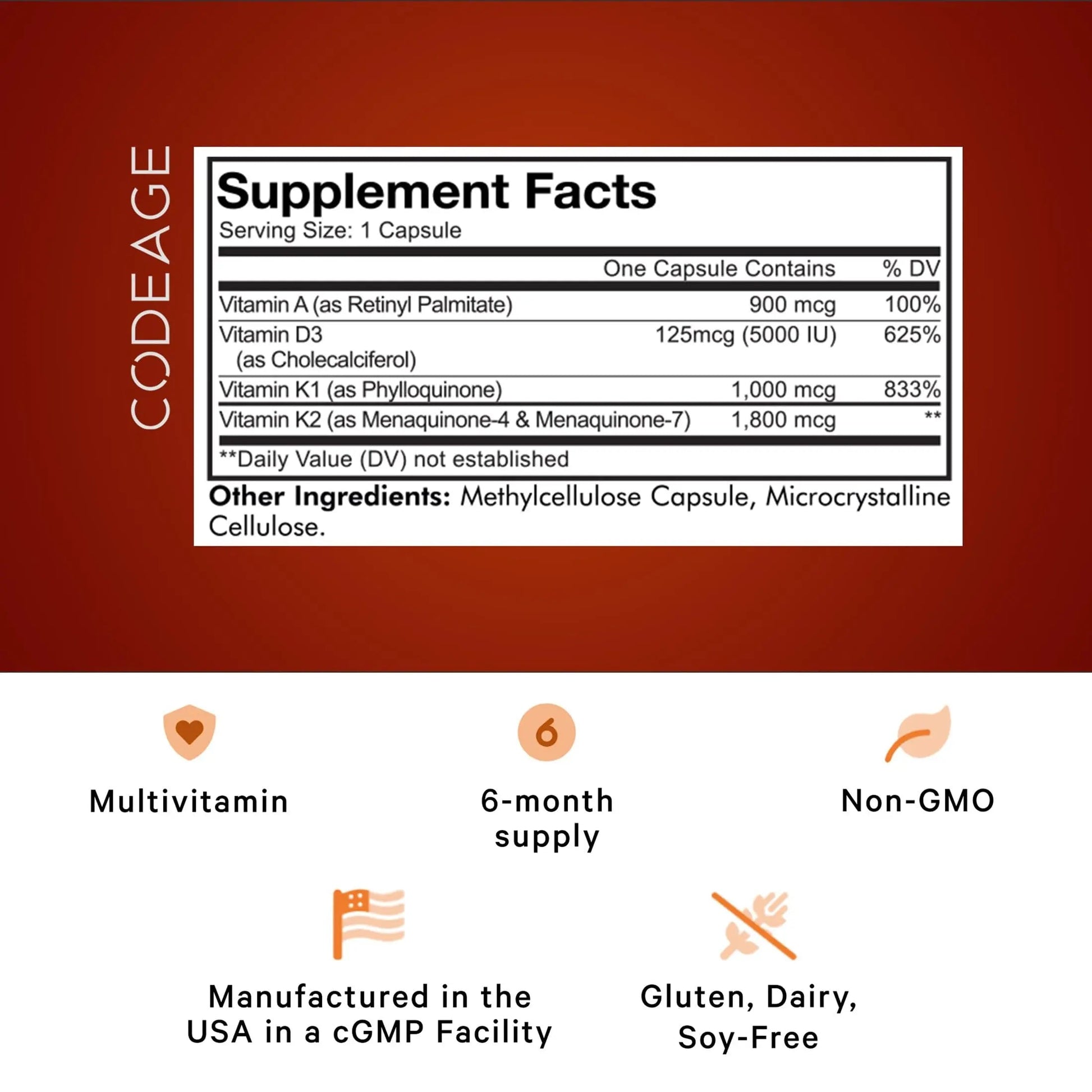 Codeage ADK Vitamins Supplement - Essential Vitamin A, D3 5000 IU, K1 & K2 (MK4 & MK7) - 6-Month Supply - 1 Capsule per Serving Codeage