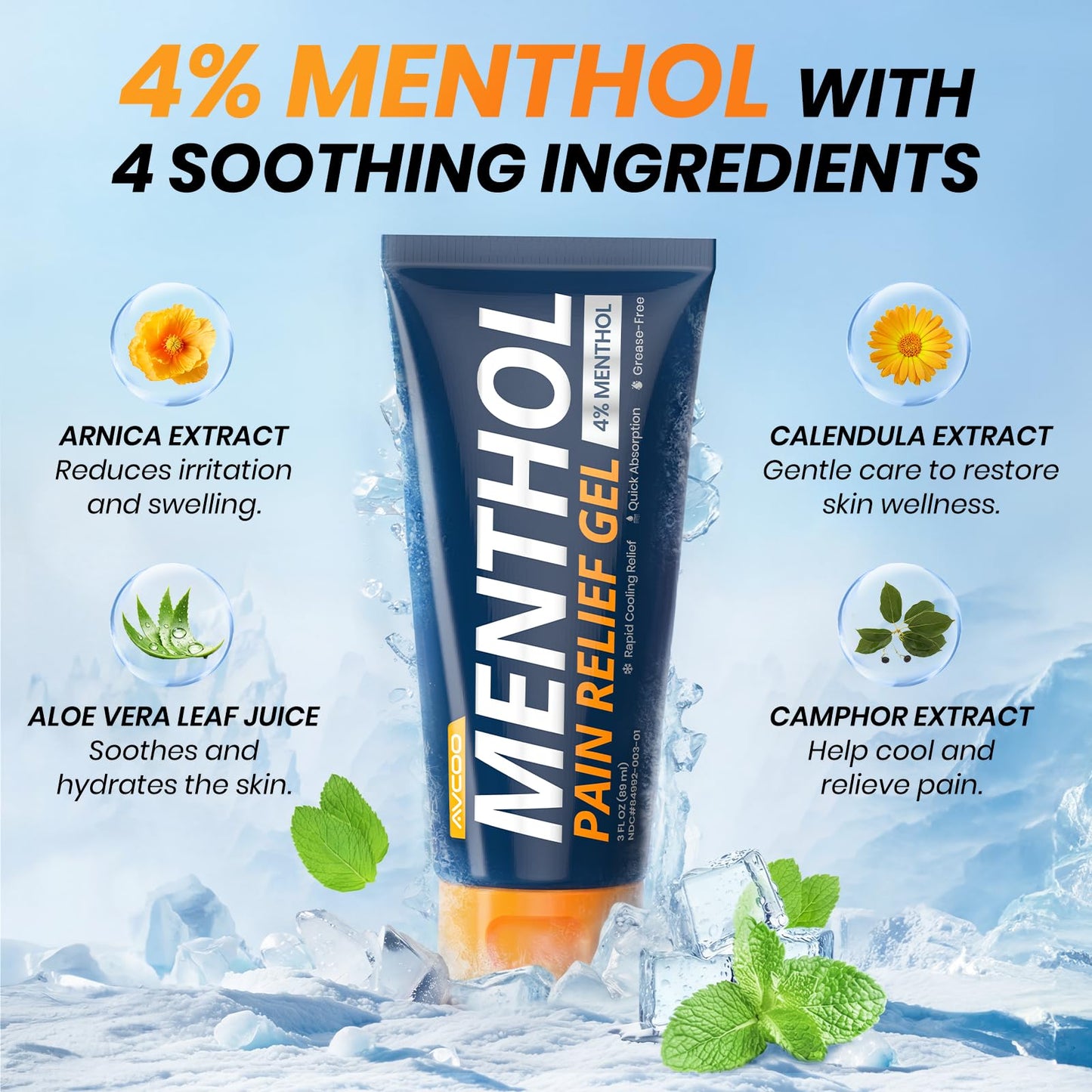 AVCOO 4% Menthol Pain Relief Gel, Cooling Sensation for Arthritis, Knees, Joint, Sore Muscle, Neck, Shoulder and Lower Back Pain Relief, Grease-Free Gel, 2 Packs (3 OZ Per Pack) AVCOOBuy Supplements Australia
