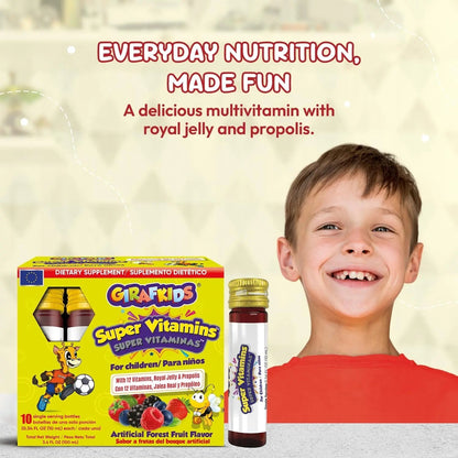 GirafKids Super Vitamins for Kids with Royal Jelly and Propolis, 10 multivitamin servings - Wellness Formula Vitamin C, B Complex, D3, E & Folic Acid PHARMADEL