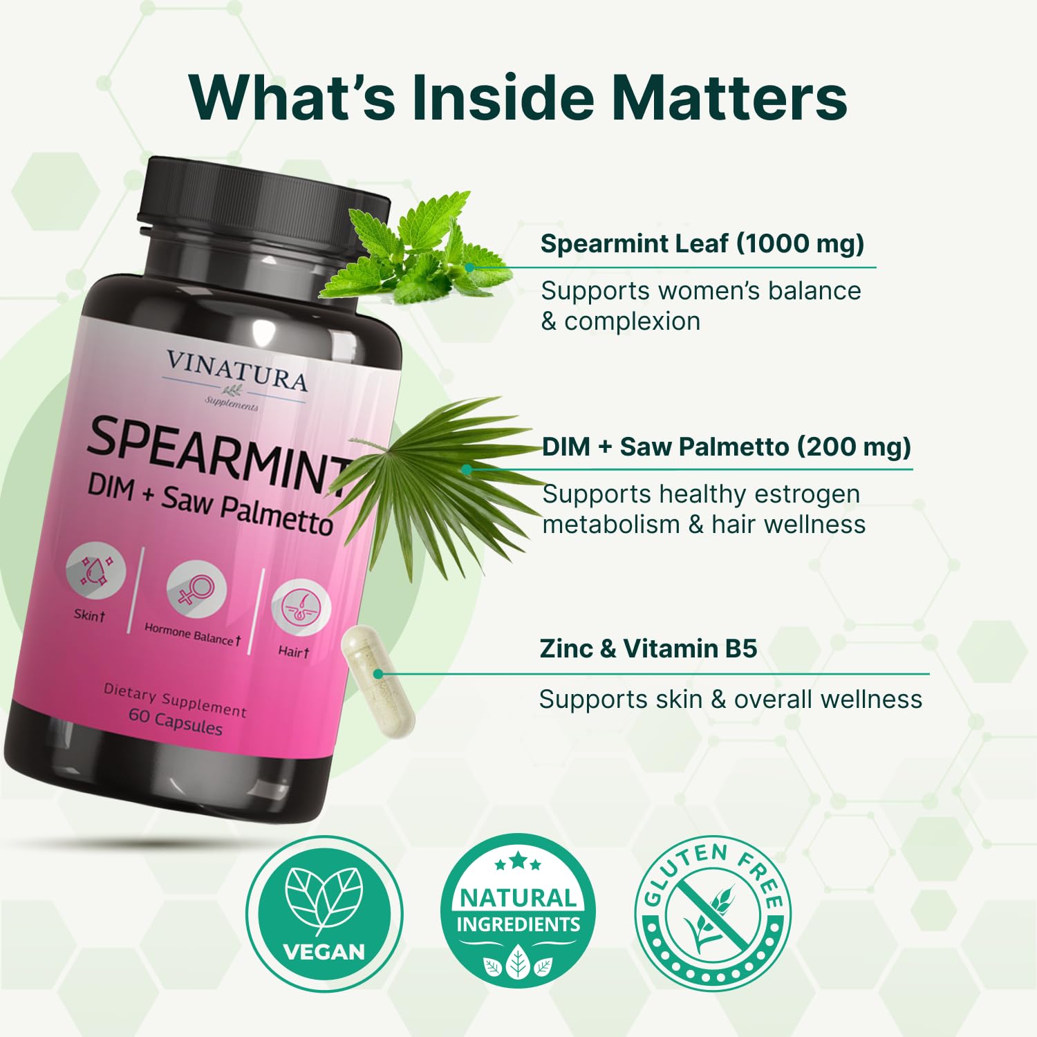 VINATURA Spearmint Leaf Capsules Supplement - Enhanced with DIM & Saw Palmetto, for Unwanted Hair, Women' Health & Skin *USA Made & Tested* - 1380mg/serving, 60 Capsules (30 Servings) VINATURABuy Supplements Australia
