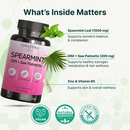 VINATURA Spearmint Leaf Capsules Supplement - Enhanced with DIM & Saw Palmetto, for Unwanted Hair, Women' Health & Skin *USA Made & Tested* - 1380mg/serving, 60 Capsules (30 Servings) VINATURABuy Supplements Australia