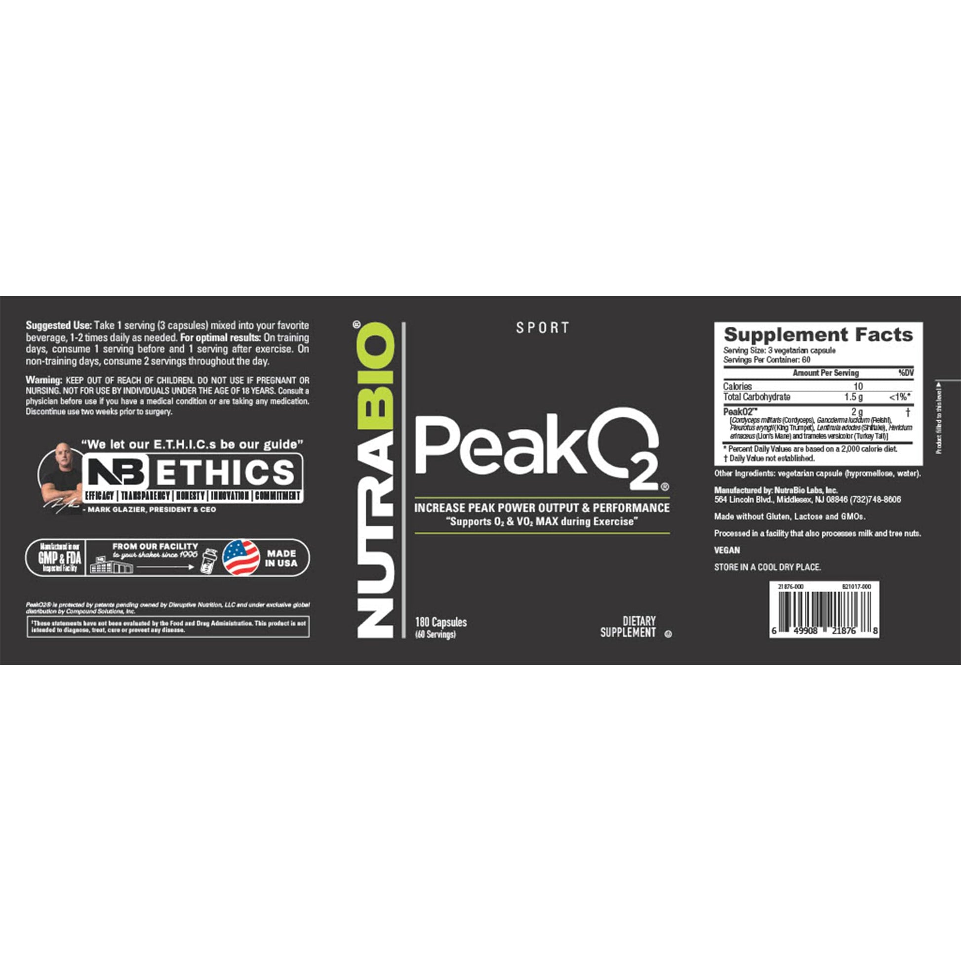 NutraBio PeakO2 Workout Supplement, 180 Capsules - Mushroom Blend Supplement to Help Enhance Athletic Performance and Overall Health, 60 Servings NutraBioBuy Supplements Australia