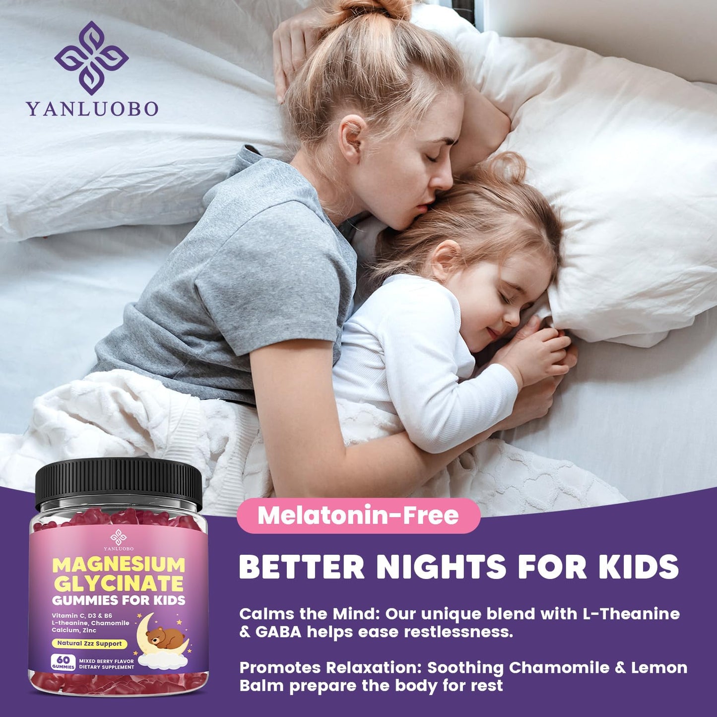 YANLUOBO Kids Magnesium Gummies, Magnesium Glycinate Gummies 400mg/200mg with L-Theanine, Chamomile, Vitamin B6, D3 for Kids, Relaxation & Zzz Support,
