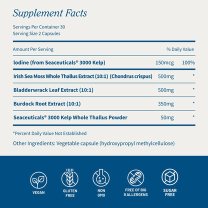 Snap Supplements Irish Sea Moss with Bladderwrack, Burdock Root & Iodine – Natural Sea Moss Supplement to Support Gut Health, Energy & Healthy-Looking Skin, 60 Vegan Capsules (1 Month Supply) Snap SupplementsBuy Supplements Australia