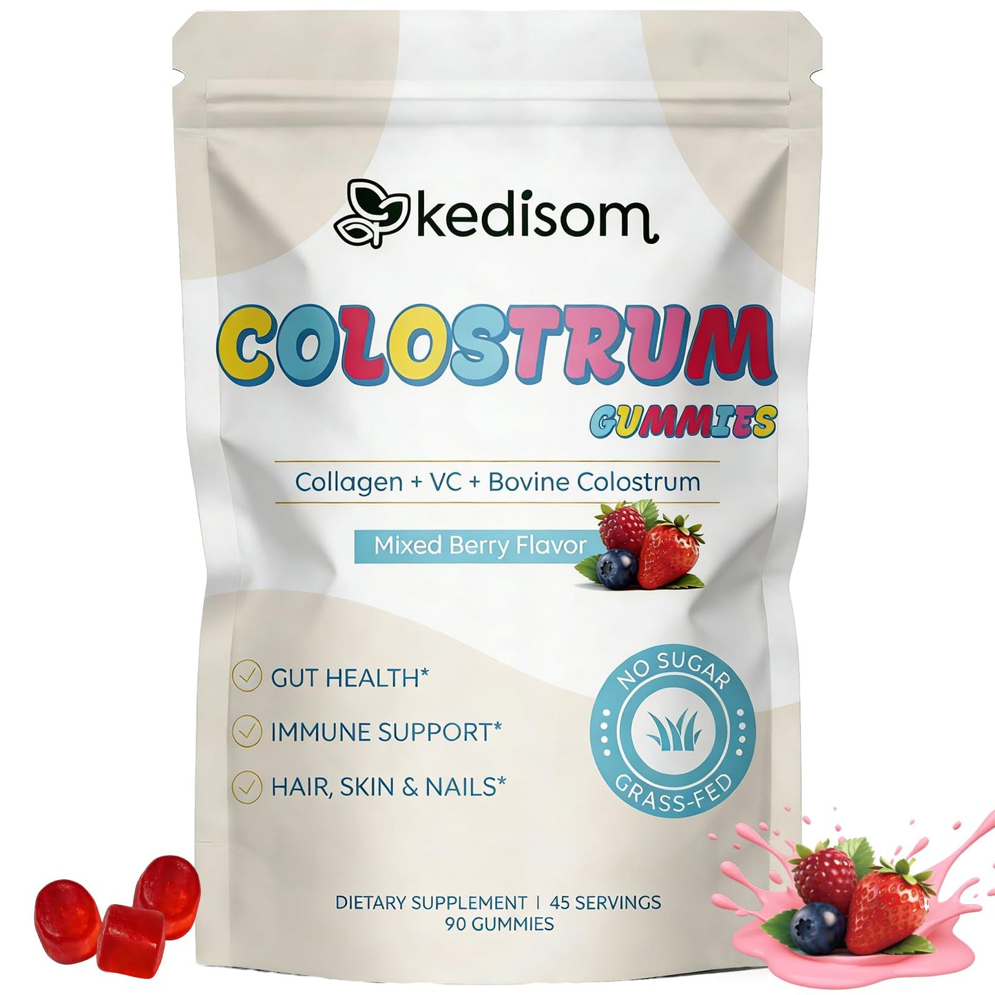 KEDISOM Colostrum Gummies, Grass Fed Colostrum Supplement, 90 Bovine Colostrum Gummies, 45 Servings, Mixed Berry, Sugar-Free KEDISOMBuy Supplements Australia
