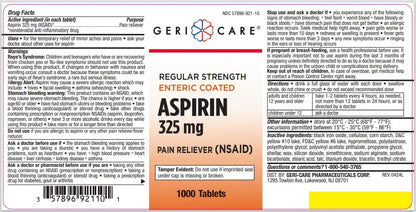 GeriCare Enteric Coated Aspirin Tablets 325mg (1000 Count) NSAID Pain Reliever & Fever Reducer for Adults- Regular Strength Aspirin for Headache Arthritis Menstrual & Muscle Pain GeriCareBuy Supplements Australia