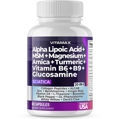 Sciatic Nerve Health Support - Sciatic Nerve Supplement Capsules with Folic Acid, Pea, Glucosamine, MSM, Vitamin B Complex, Alpha Lipoic Acid 300mg – 60ct – Made in USA VitamaxBuy Supplements Australia