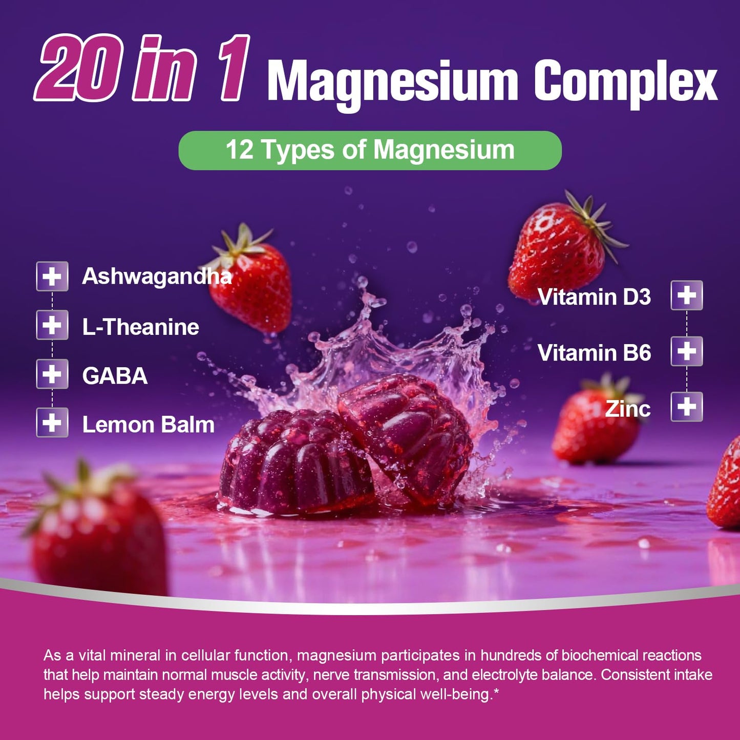 Migcopat Magnesium Complex Gummies, 20 in 1 Magnesium Gummy with Glycinate Citrate Malate Taurate - Ashwagandha, L-Theanine, D3&Zinc for Relaxation,