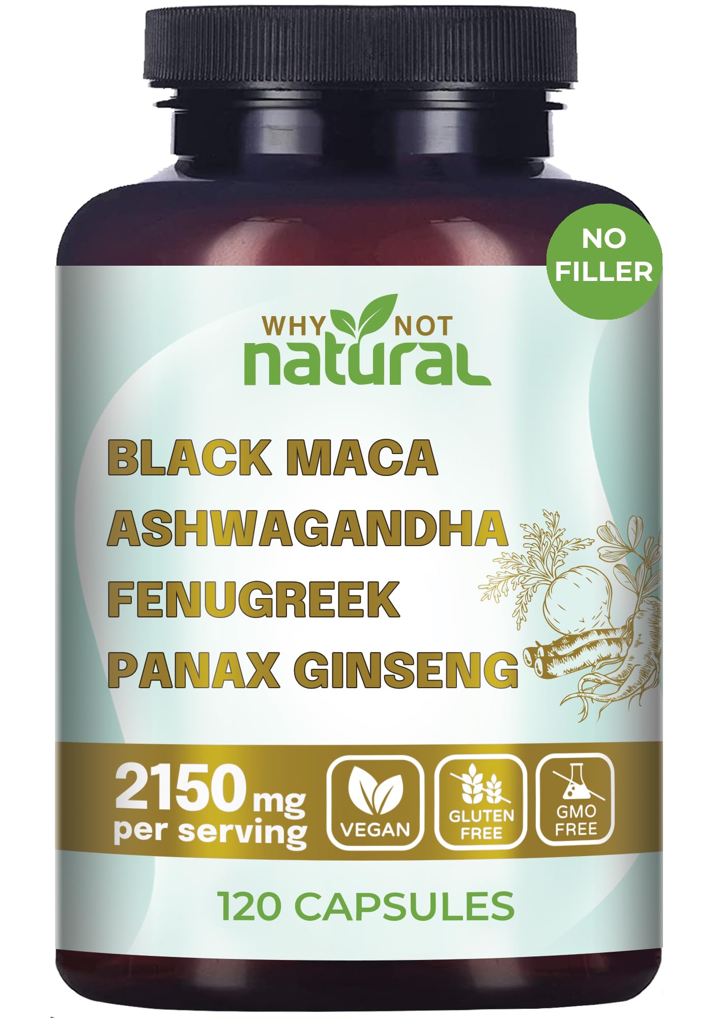 Why Not Natural 4-in-1 Organic Black Maca Root, Ashwagandha, Fenugreek, Panax Ginseng Capsules, Supplement for Men and Women (120 Count (Pack of 1) Why Not NaturalBuy Supplements Australia