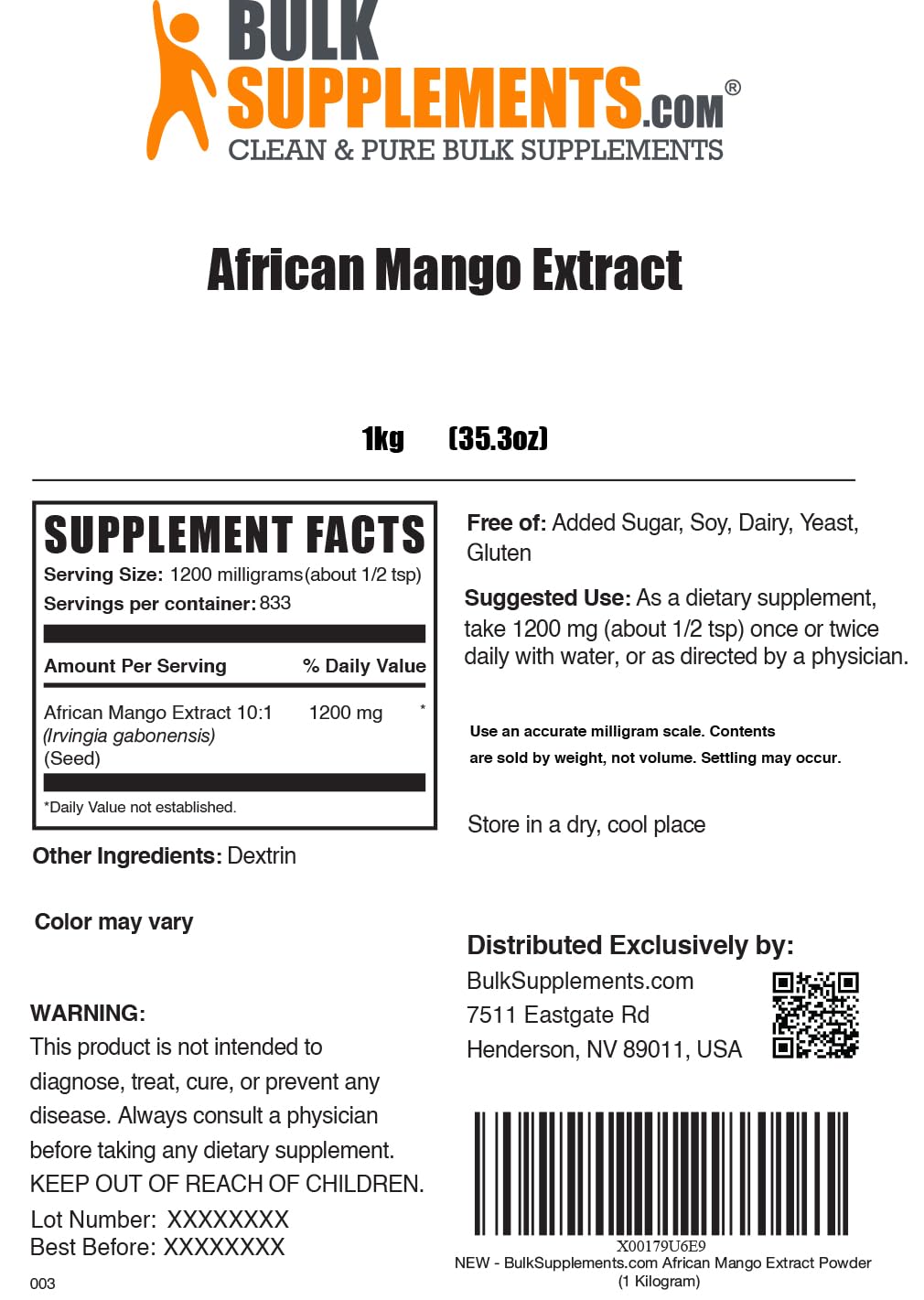 BulkSupplements.com African Mango Extract Powder - Irvingia Gabonensis, African Mango Powder - Gluten Free, 1.2g per Serving, 1kg (2.2 lbs) (Pack of 1) BulkSupplementsBuy Supplements Australia