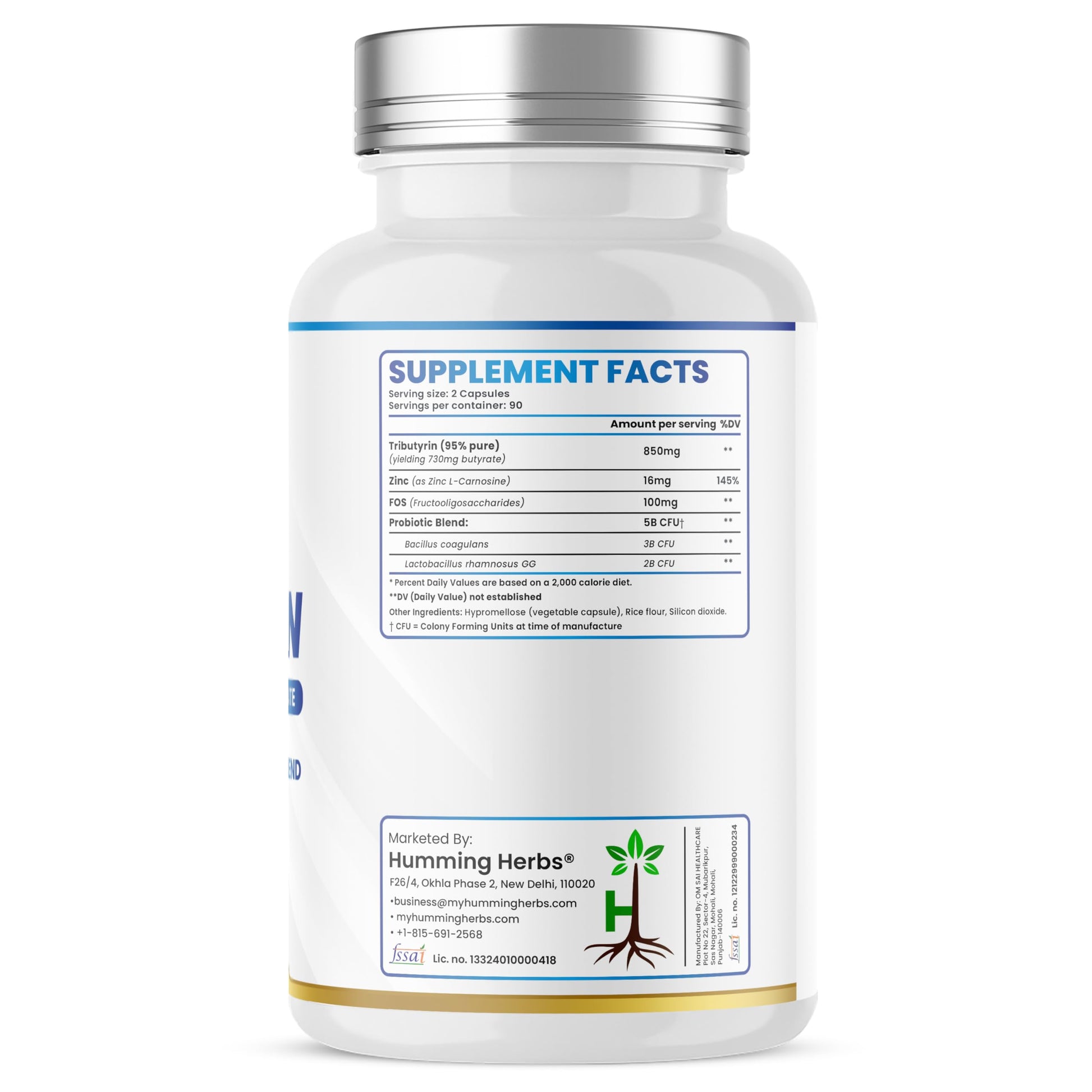 Humming Herbs Tributyrin Complex — 850 mg per Serving (95% Pure, yielding 731 mg Butyrate) with L-Glutamine, Zinc L-Carnosine, FOS & Probiotic Blend (180) Humming HerbsBuy Supplements Australia