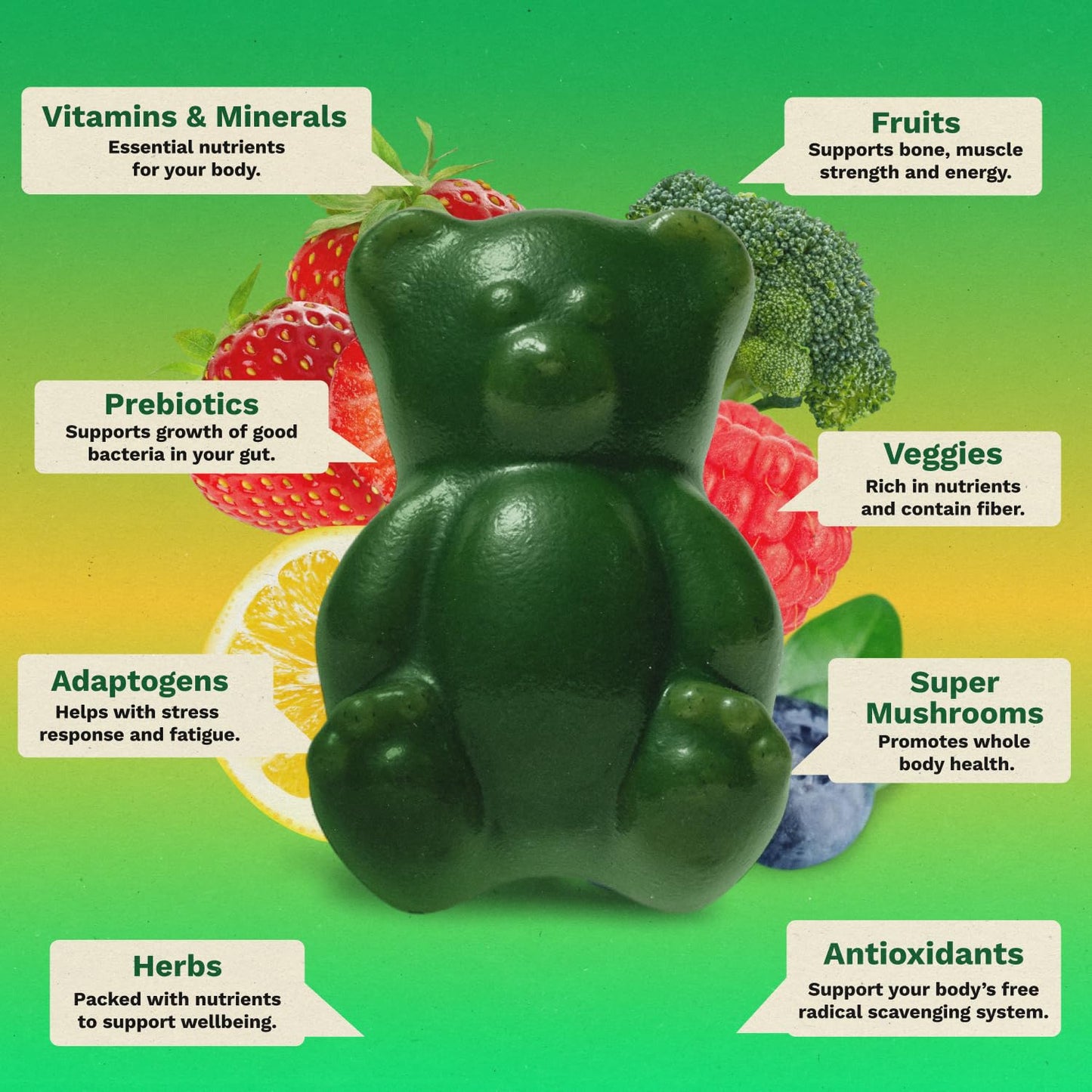 Gruns Adult Super Greens Multivitamin Gummies, Superfood Gummy Vitamins for Women and Men with Spirulina, Chlorella