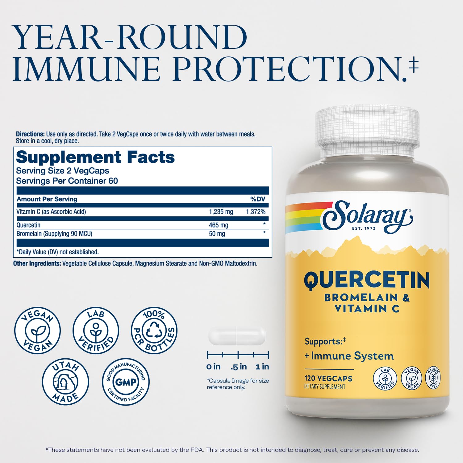 SOLARAY QBC Plex | Quercetin & Bromelain Plus Vitamin C | Year Round Immune Function & Respiratory Health Support | Non-GMO & Vegan | 120 VegCaps SOLARAYBuy Supplements Australia