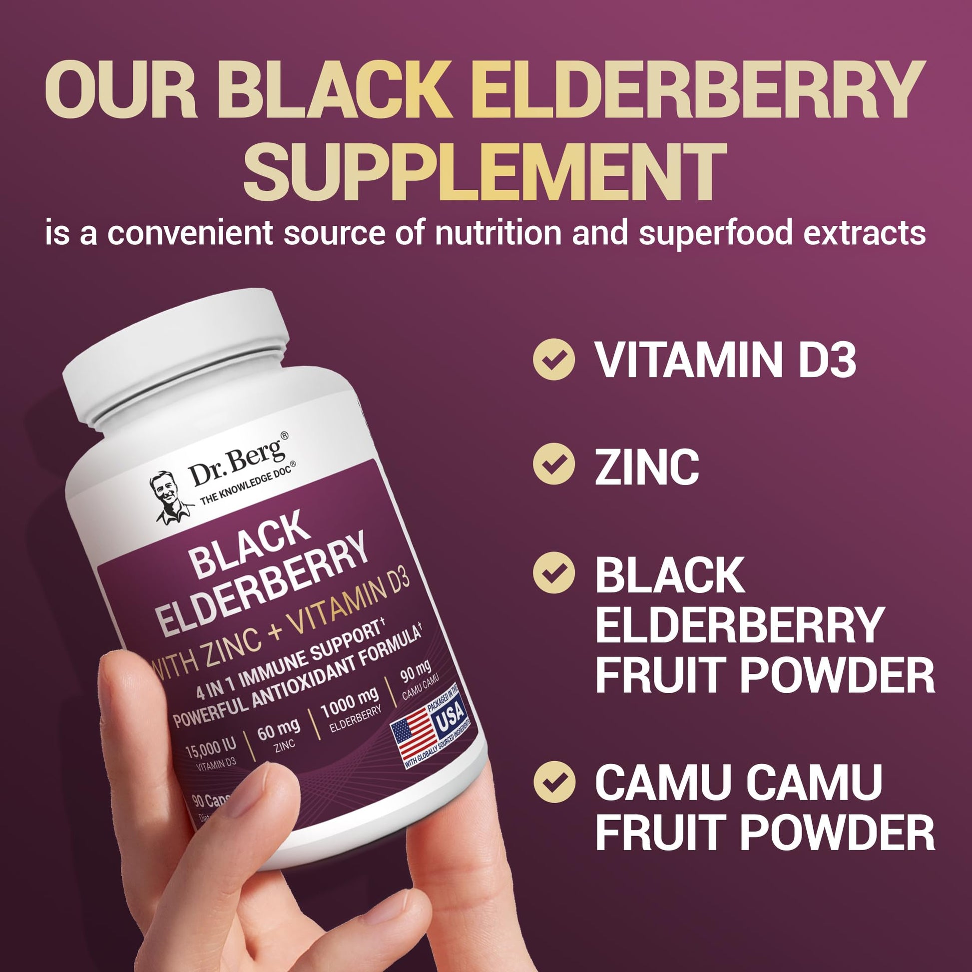 Dr. Berg Black Elderberry Capsules (Advanced Immune Support*) with 15,000 IU Vitamin D, 60 mg of Zinc, & 90 mg of Camu Camu - (4-in-1) Sambucus Elderberry Immune Support Supplement - 90 Capsules Dr. Berg NutritionalsBuy Supplements Australia