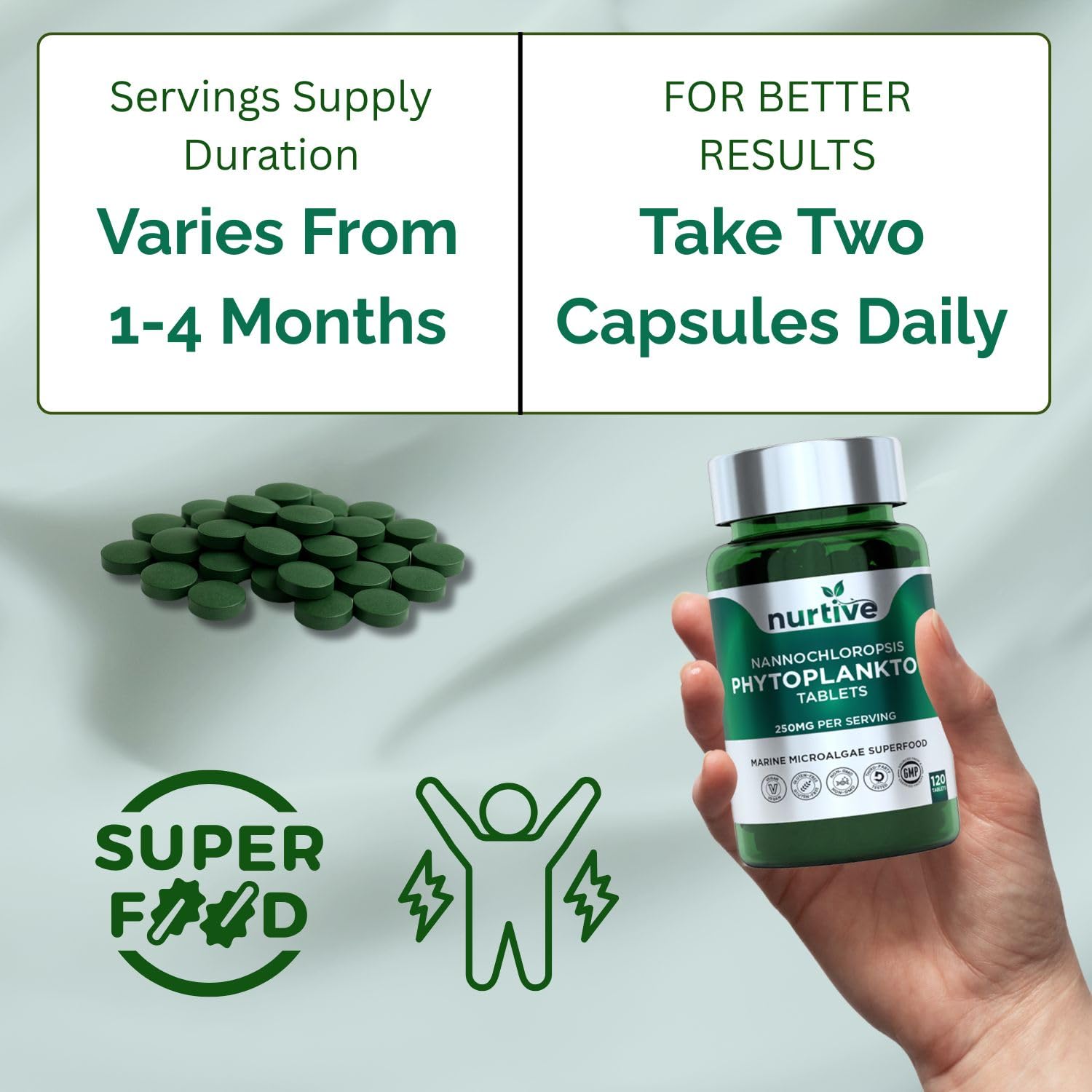 NURTIVE Nannochloropsis Phytoplankton Tablets – 250mg per Serving – Vegan, Gluten-Free, Non-GMO, No Fillers – Third-Party Tested, GMP Certified – 2 Tablets/Day for 2 Month, 120 Tablets/Bottle NURTIVEBuy Supplements Australia