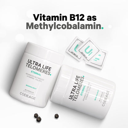 Codeage Ultra Life Telomeres Supplement - 5 MTHF Folate Vitamin B9, Vitamin B12 Methylcobalamin, Vitamin D3, L-Theanine, Ashwagandha - 3-Month Supply - DNA, Methylation Cycle - Non-GMO - 90 Capsules CodeageBuy Supplements Australia