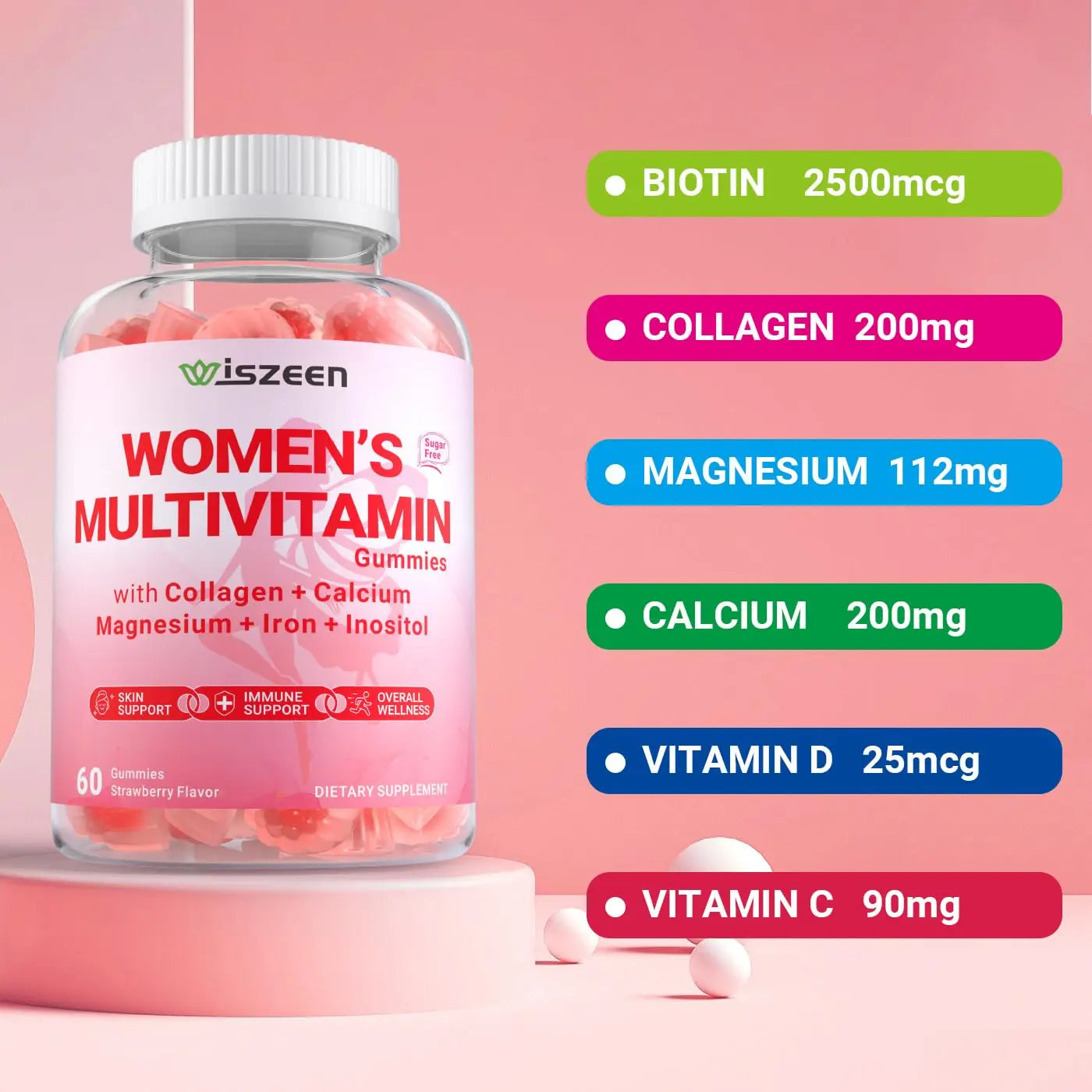 Wiszeen Sugar Free Methylated Multivitamin for Women Gummies, Biotin, Collagen, Calcium, Magnesium, Inositol, Folate, Iron, Vitamin A, C, D, E Wiszeen