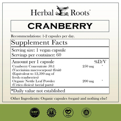 Herbal Roots Extra Strength Cranberry Pills for Women & Men with Organic Nettle | Urinary Tract Health | 60 Vegan Capsules Herbal RootsBuy Supplements Australia