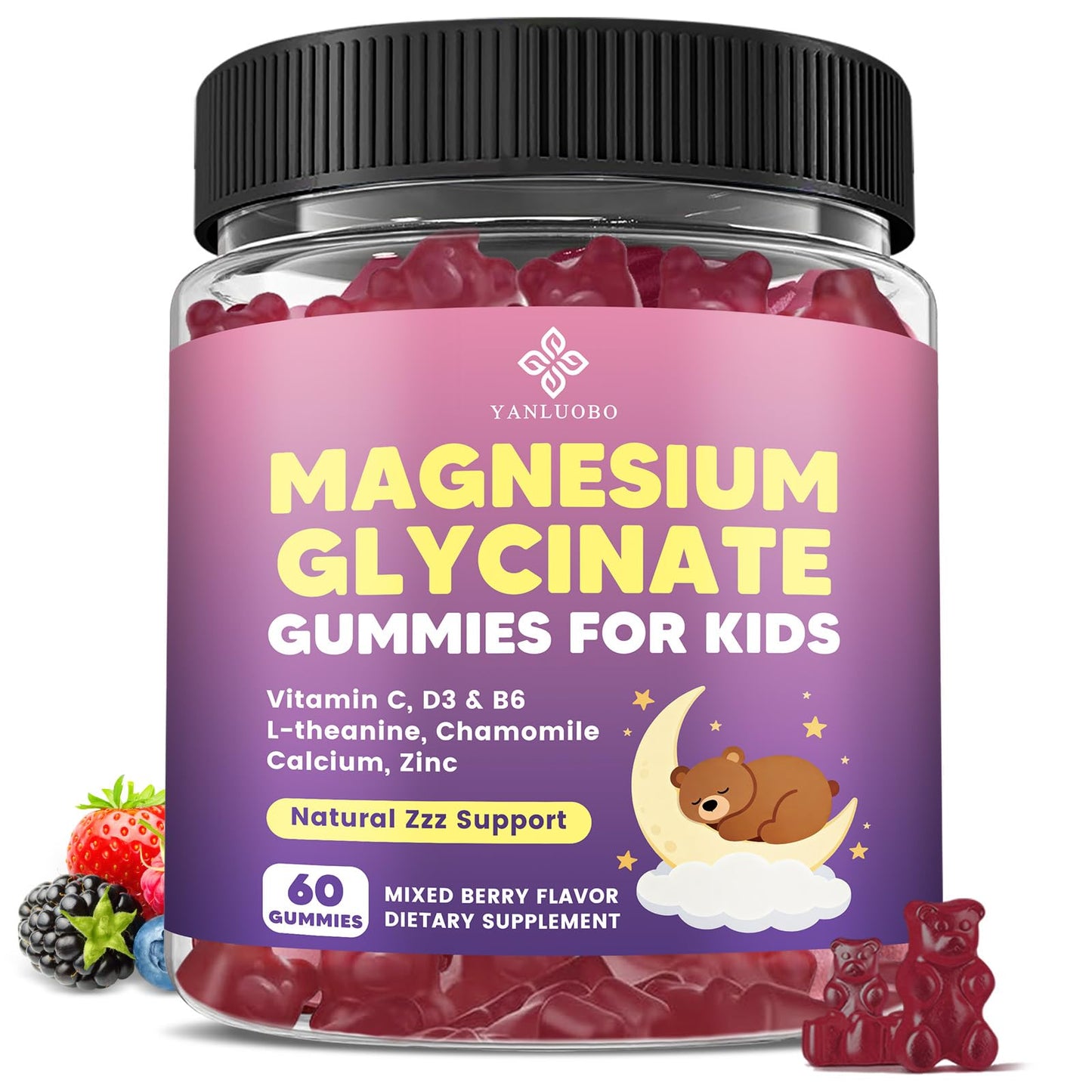 YANLUOBO Kids Magnesium Gummies, Magnesium Glycinate Gummies 400mg/200mg with L-Theanine, Chamomile, Vitamin B6, D3 for Kids, Relaxation & Zzz Support,