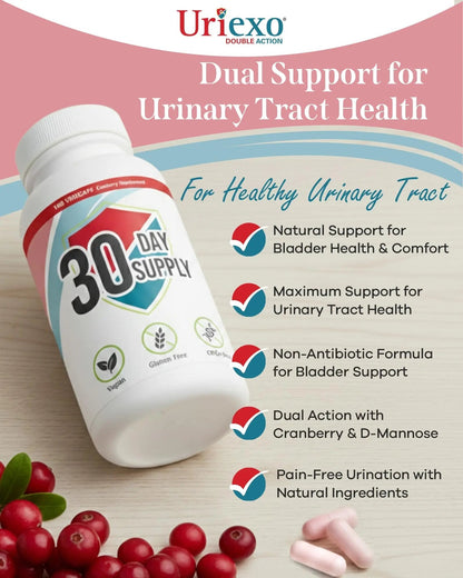 Uriexo Double Action Support Cranberry Pills - Urinary Tract Health Supplement with 36mg Proanthocyanidins PACs & 2000mg D-Mannose, Capsules for Men & Women, Non-Antibiotic Formula, 30 Day Supply UriexoBuy Supplements Australia