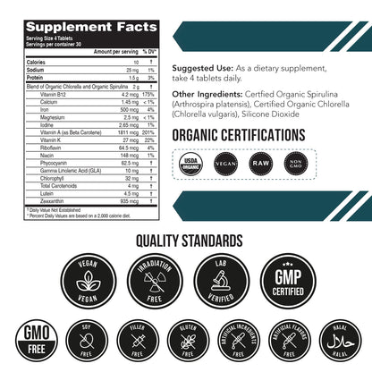Organic Spirulina & Chlorella Tablets – 4 Organic Certifications, Raw, Non-Irradiated – 50/50 Blue Green Algae Blend – Antioxidant Content Equal to 5 Servings of Vegetables (120 Tablets) Triquetra HealthBuy Supplements Australia