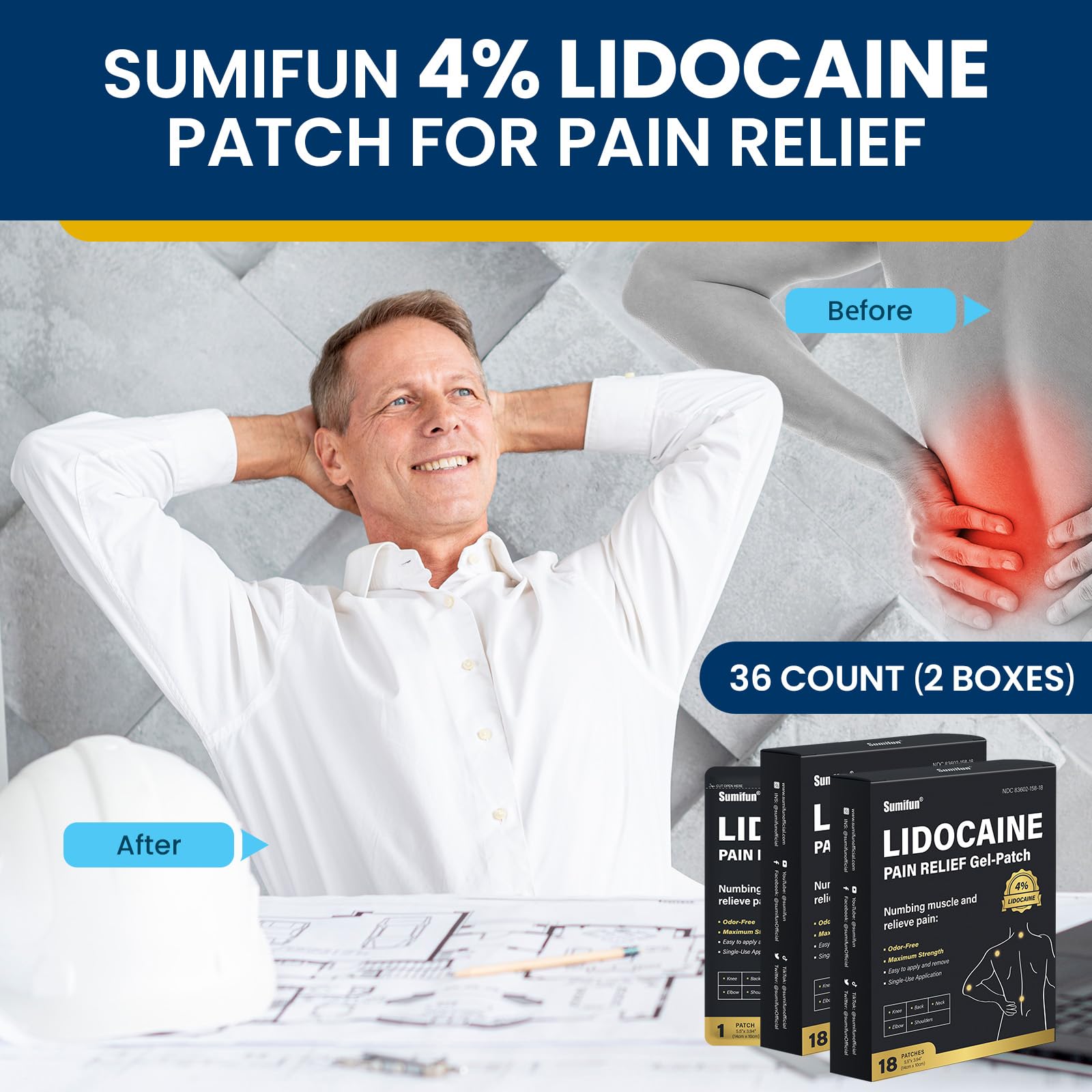 Sumifun 4% Lidocaine Pain Relief Patches - 36 Count Patches for Back, Shoulder, Muscle, Joints, Knee Pain Relief - Lower Back Pain Relief Products - Pain Patches Maximum Strength Lidocaine SumifunBuy Supplements Australia
