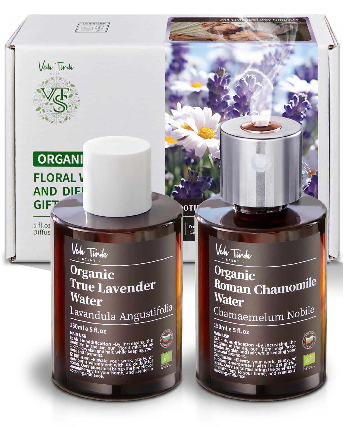 VTS Organic Lavender Water and Roman Chamomile Floral Water with Diffuser, Aromatherapy Air VEDA TINDA SCENTBuy Supplements Australia
