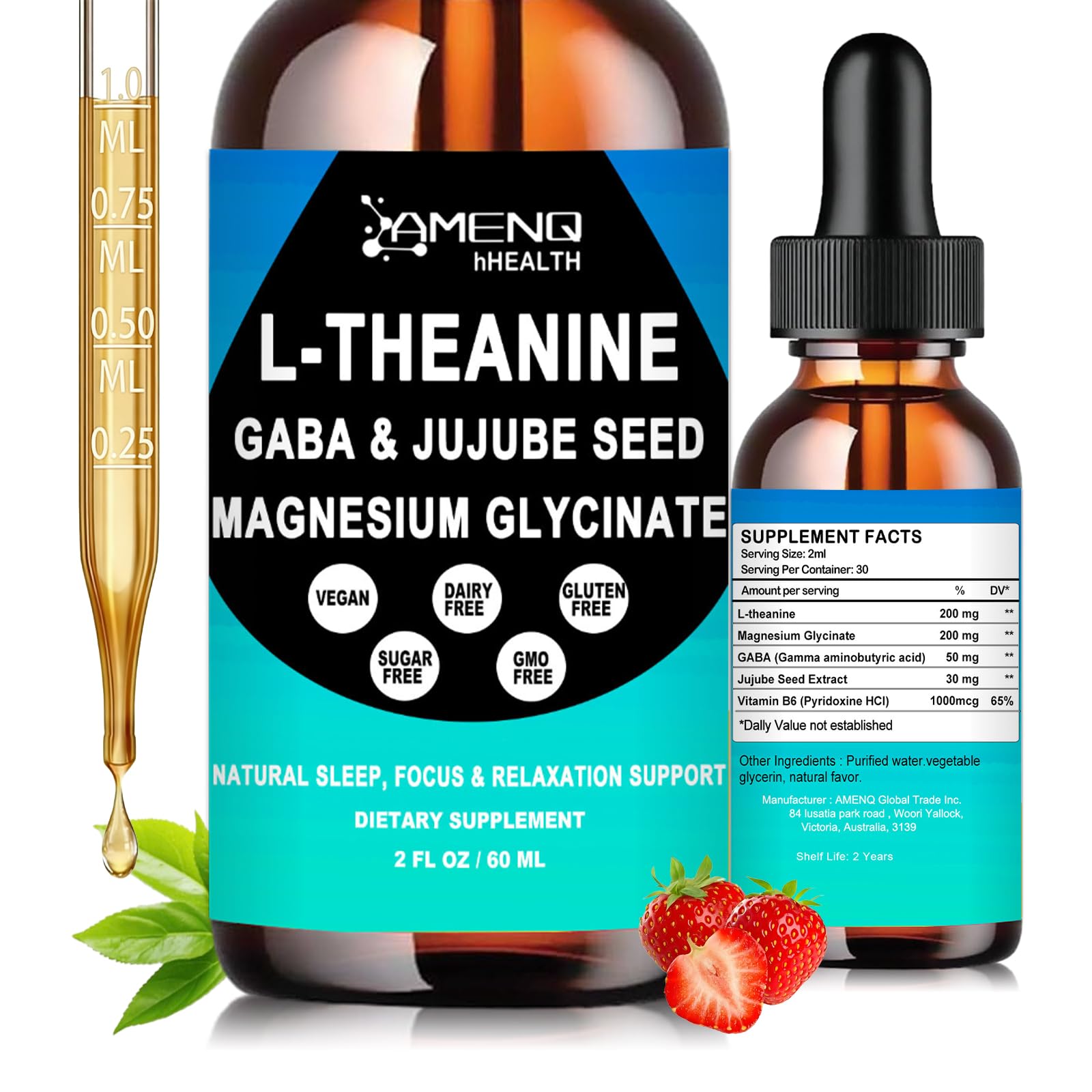 L Theanine Liquid Drops - Double Strength L-Theanine 200mg for Adults & Kids, Fast Absorption Gaba L-Theanine Supplements w. Magnesium & Jujube Seed for Nerve & Sleep, Relaxation & Mood Support丨Vegan AMENQ hHEALTHBuy Supplements Australia