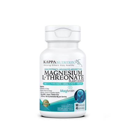 Kappa Nutrition Powered by Magbrain™ Magnesium L-Threonate Plant-Based, 90 Vegan Capsules, 420mg Elemental Magnesium (3 Capsules) from 2,253mg, Brain, Sleep & Muscle Support. KAPPA NUTRITIONBuy Supplements Australia