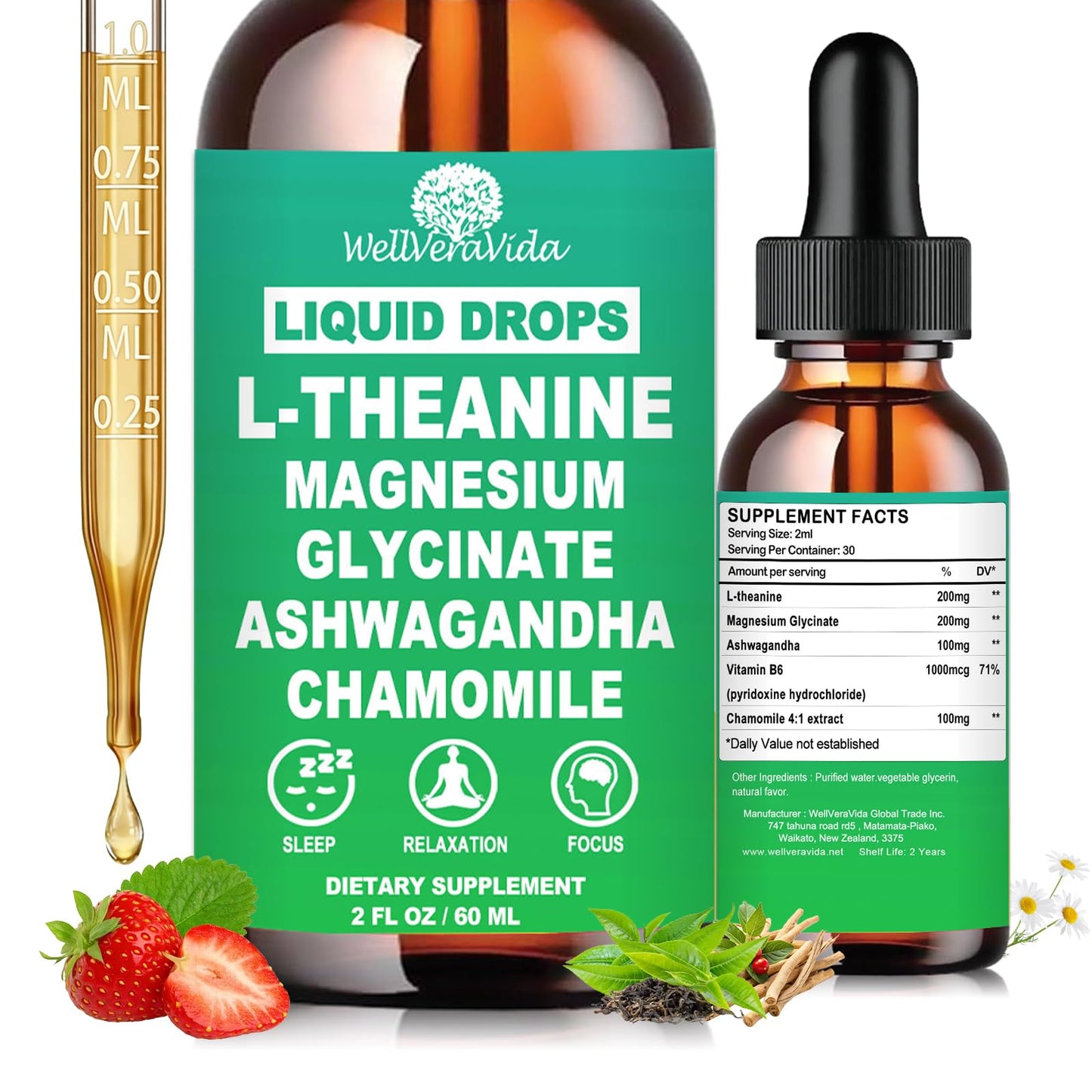 L theanine Liquid Drops, Theanine Supplement With Magnesium Glycinate & Ashwagandha for Sleep, Relaxation & Focus Support, High Absorption Liquid L Theanine 200mg for Adults & Kids丨Vegan, Non-GMO, 2oz WellVeraVidaBuy Supplements Australia