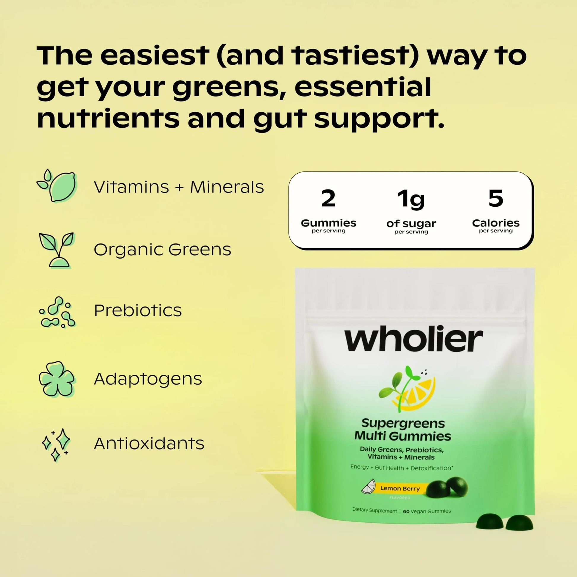 wholier Supergreens Multi Gummies, Daily Greens with Prebiotics, Fiber, Adaptogens, Plant-Based Multivitamin with 9 Essential Vitamins wholierBuy Supplements Australia