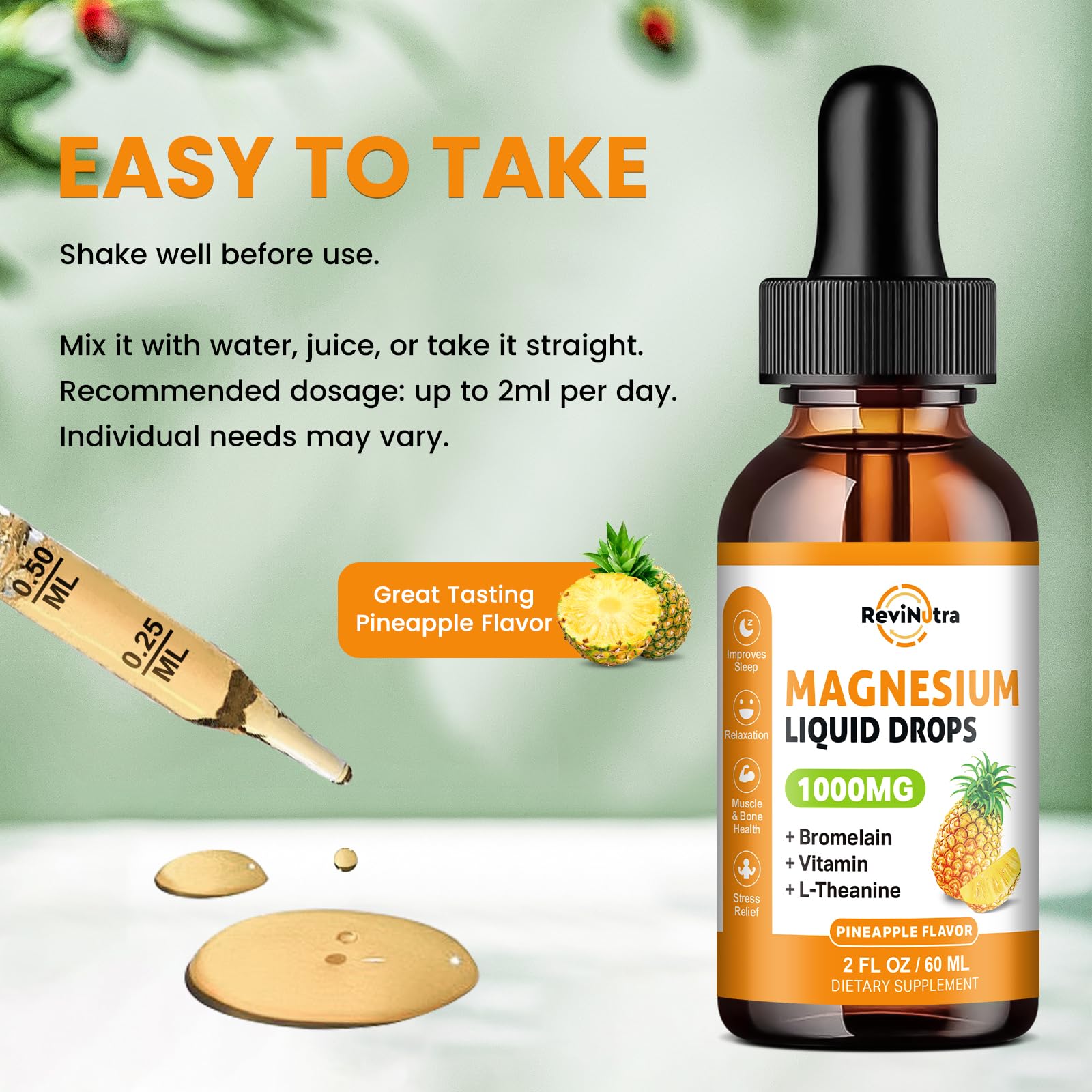 Magnesium Glycinate Liquid Drops, 1000mg of Liquid Magnesium Complex Supplement for Sleep, Nerve, Energy, Muscle, Bone, Calm & Digestion, High Absorption, 2 Fl Oz, Sugar-Free Pineapple Flavor ReviNutraBuy Supplements Australia
