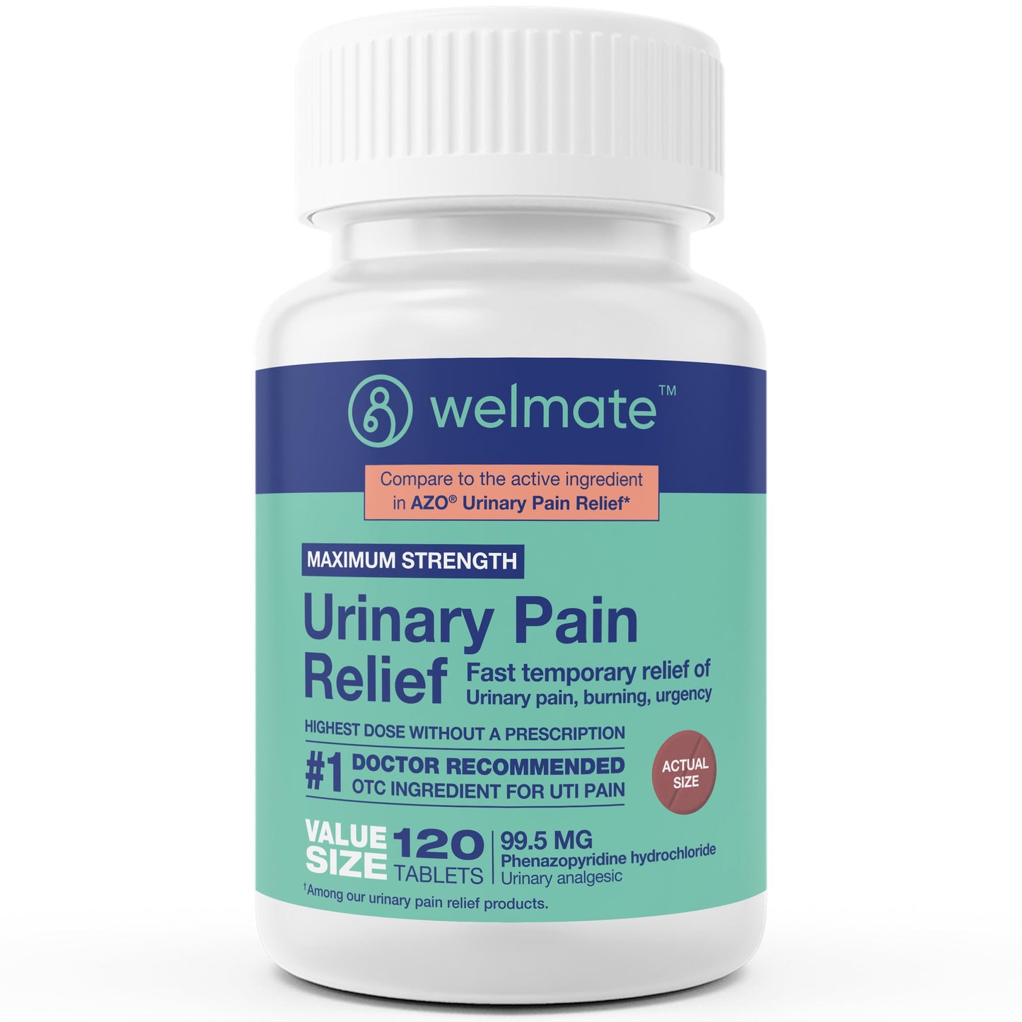 WELMATE Urinary Pain UTI Relief Maximum Strength (Phenazopyridine HCL) - Improve Urinary Tract Health & Bladder Control, Urgency, & Discomfort | Over-The-Counter Medication for Men & Women (120 Pills) WELMATEBuy Supplements Australia