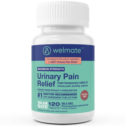 WELMATE Urinary Pain UTI Relief Maximum Strength (Phenazopyridine HCL) - Improve Urinary Tract Health & Bladder Control, Urgency, & Discomfort | Over-The-Counter Medication for Men & Women (120 Pills) WELMATEBuy Supplements Australia