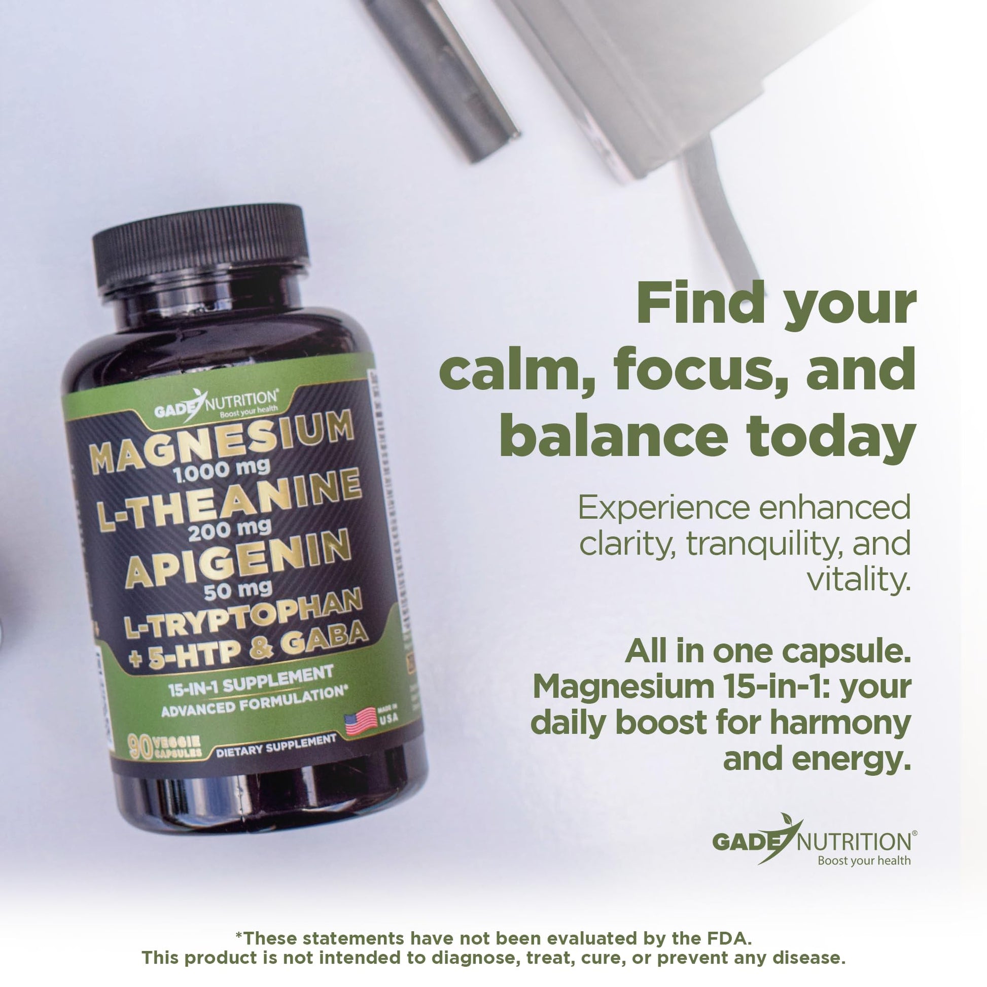 Gade Nutrition Magnesium Glycinate & Magneisum Supplements with Apigenin, L Theanine 200 mg, 5 HTP, GABA Calm Brain Booster Supplement Sleep Aid Ashwagandha L Tryptophan Chamomile GADE NUTRITION BOOST YOUR HEALTHBuy Supplements Australia