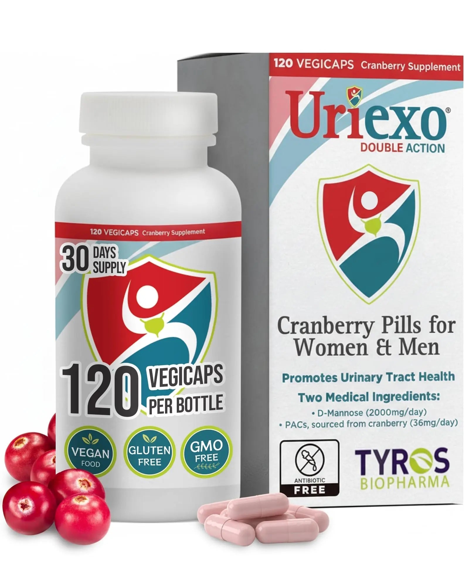 Uriexo Double Action Support Cranberry Pills - Urinary Tract Health Supplement with 36mg Proanthocyanidins PACs & 2000mg D-Mannose, Capsules for Men & Women, Non-Antibiotic Formula, 30 Day Supply UriexoBuy Supplements Australia