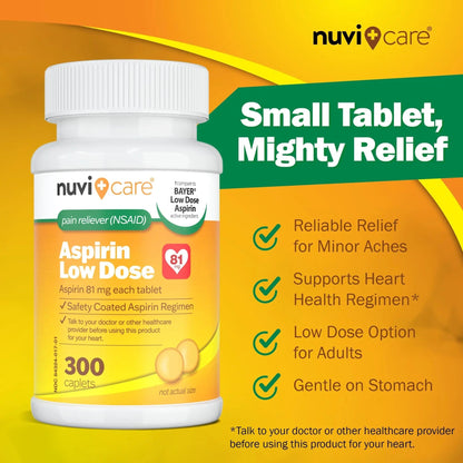 NUVICARE Low Dose Aspirin 81mg for Adults Coated Caplets - Compare to Active Ingredient in Low Dose Bayer Aspirin for Adults - Safety Coated (300 Count) NUVICAREBuy Supplements Australia