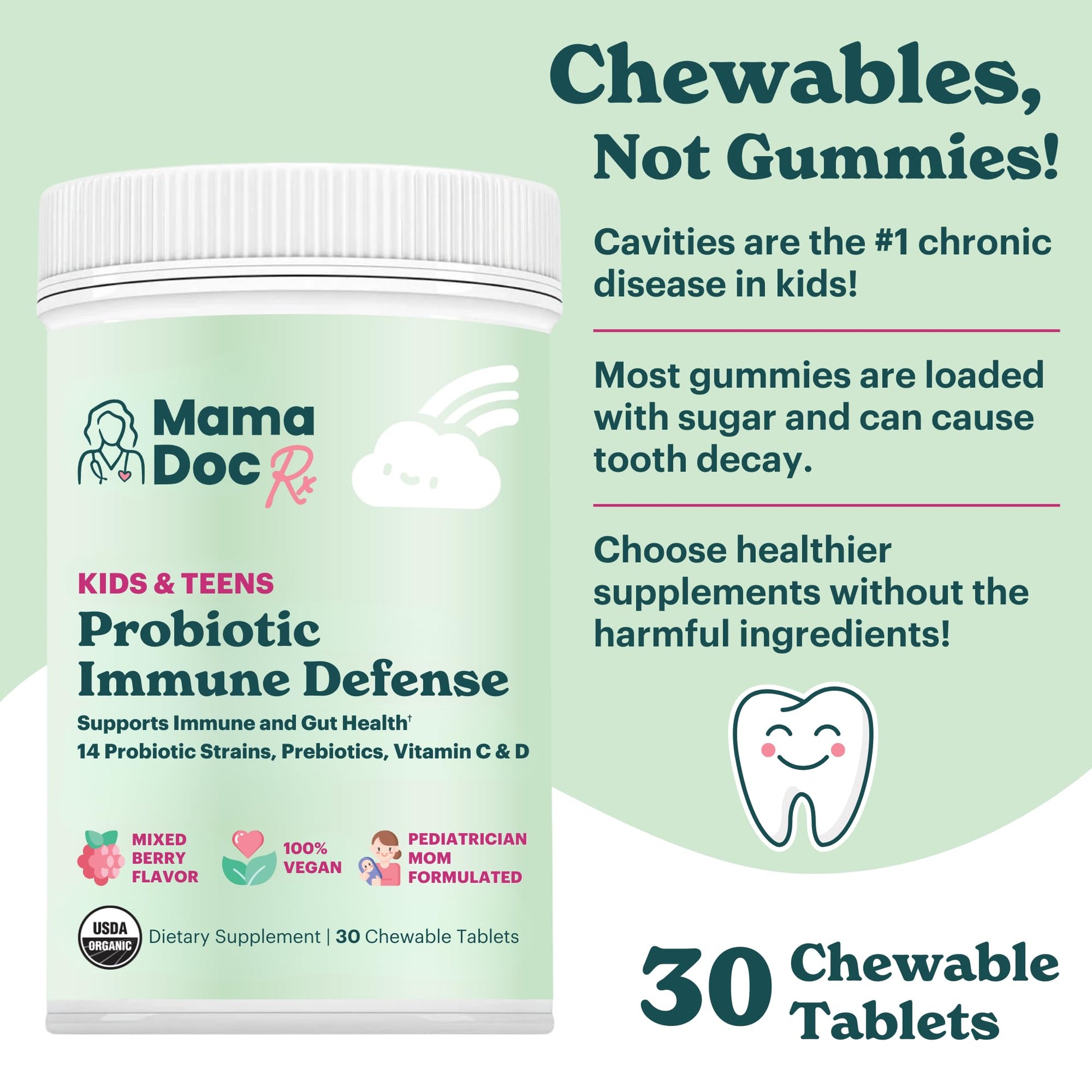 MamaDoc Rx Certified Organic Kids & Teens Probiotic Immune Defense - 5 Billion CFUs | Sugar Free, Vegan, Gluten-Free | 14 Probiotic Strains, Prebiotics, Vitamin C & D | 30 Chewable Tablets, Ages 4+ MamaDoc RxBuy Supplements Australia