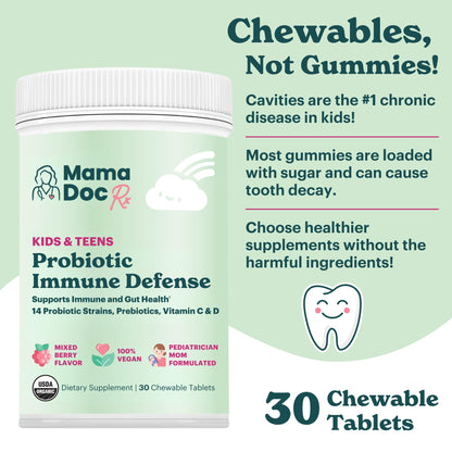 MamaDoc Rx Certified Organic Kids & Teens Probiotic Immune Defense - 5 Billion CFUs | Sugar Free, Vegan, Gluten-Free | 14 Probiotic Strains, Prebiotics, Vitamin C & D | 30 Chewable Tablets, Ages 4+ MamaDoc RxBuy Supplements Australia