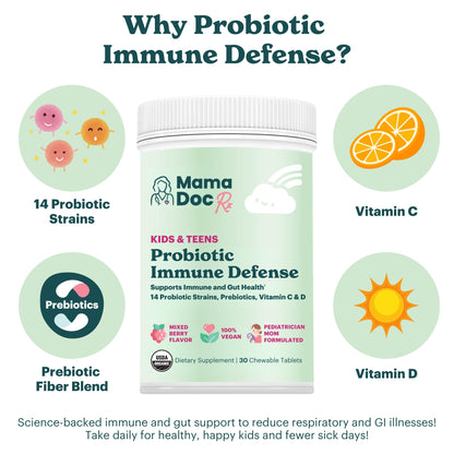 MamaDoc Rx Certified Organic Kids & Teens Probiotic Immune Defense - 5 Billion CFUs | Sugar Free, Vegan, Gluten-Free | 14 Probiotic Strains, Prebiotics, Vitamin C & D | 30 Chewable Tablets, Ages 4+ MamaDoc RxBuy Supplements Australia