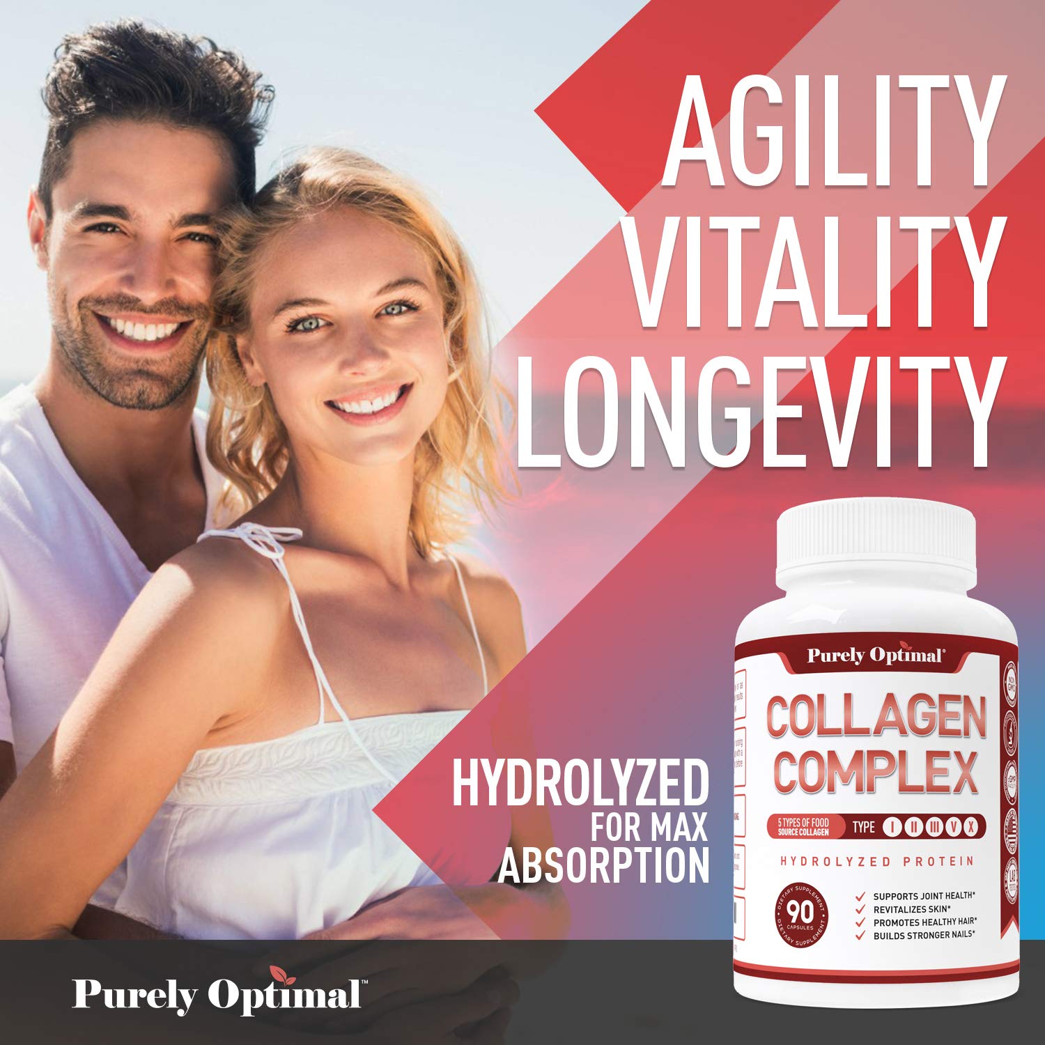 Purely Optimal Premium Multi Collagen Peptides Capsules (Types I, II, III, V, X) - Hair Purely OptimalBuy Supplements Australia
