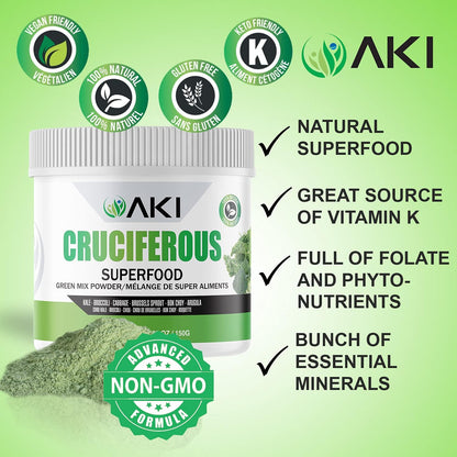 AKI Cruciferous Superfood Green Mix Powder - Made from Kale, Broccoli, Brussels Sprouts, Cabbage - Packed with Essential Phytonutrients & Vitamins ((5.3oz/150g)) AKI ORGANICBuy Supplements Australia