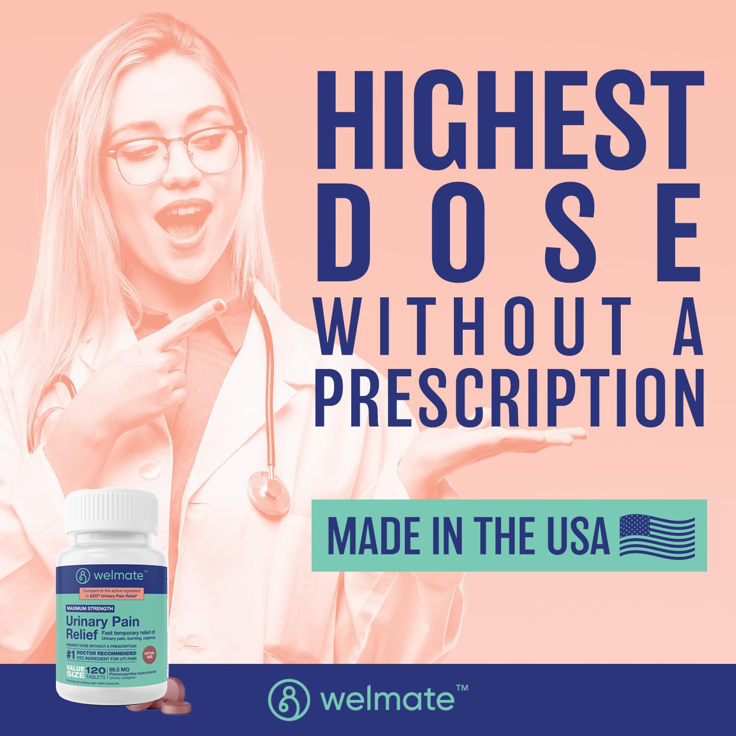WELMATE Urinary Pain UTI Relief Maximum Strength (Phenazopyridine HCL) - Improve Urinary Tract Health & Bladder Control, Urgency, & Discomfort | Over-The-Counter Medication for Men & Women (120 Pills) WELMATEBuy Supplements Australia