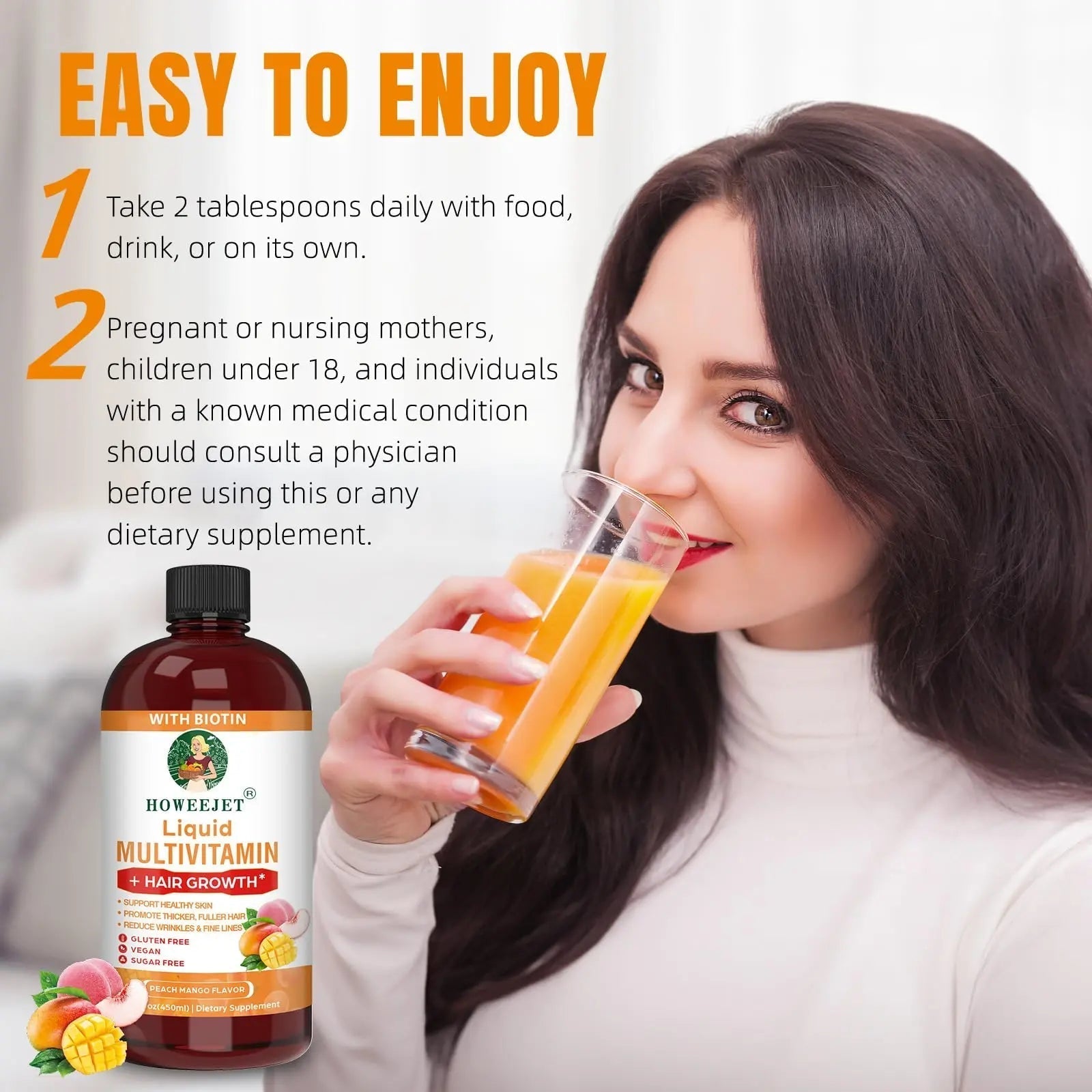 Liquid Multivitamin for Hair Growth | Biotin 10000mcg | Hair & Skin Support Supplement | Clinically Tested for Thicker Hair & Skin Elasticity HOWEEJET