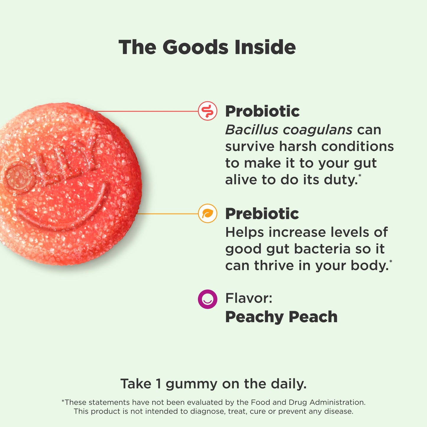 OLLY Probiotic + Prebiotic Gummy, Digestive Support and Gut Health, 500 Million CFUs, Fiber, Adult Chewable Supplement