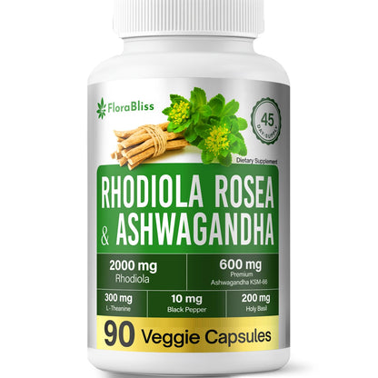 FloraBliss Rhodiola Rosea with Ashwagandha KSM-66, L-Theanine, Holy Basil & Black Pepper - 90 High Potency Vegan Capsules - 45-Day Supply FloraBlissBuy Supplements Australia
