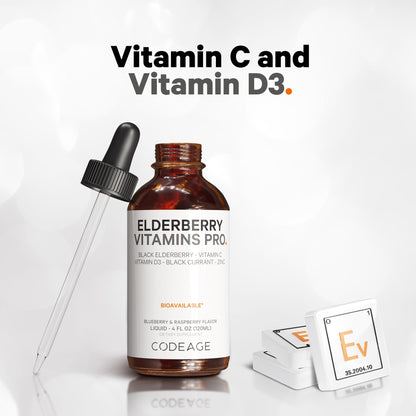 Codeage Elderberry Vitamins Pro - Organic Black Elderberry Liquid Drops - Vitamin C, D3, Zinc, Black Currant - 2-Month Supply - Black Sambucus Liquid - Supplement for Adults & Kids - 4 fl oz CodeageBuy Supplements Australia