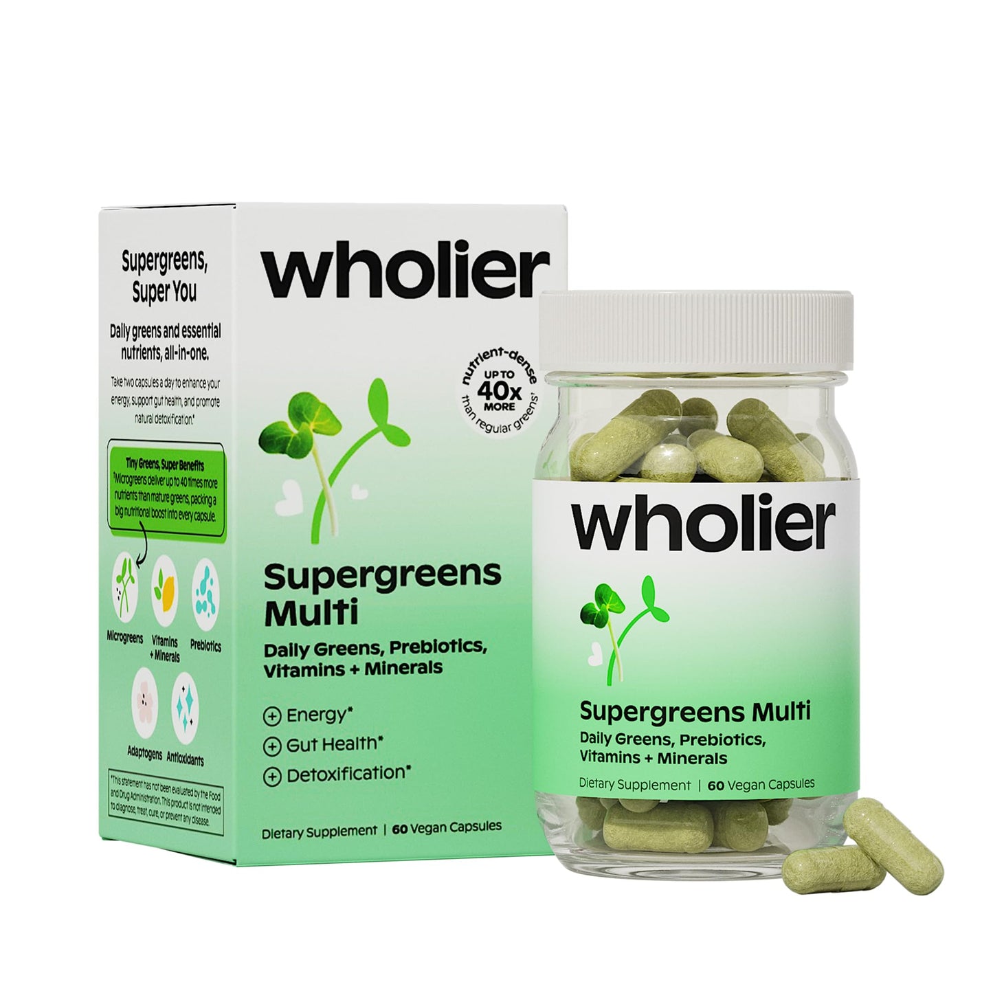 wholier Supergreens Multi, Daily Greens, Vegan Multivitamin for Women + Men, Whole Food Vitamins + Minerals, Prebiotics for Gut Health, Adaptogens (60 Vegan Capsules) Glass Bottle wholierBuy Supplements Australia